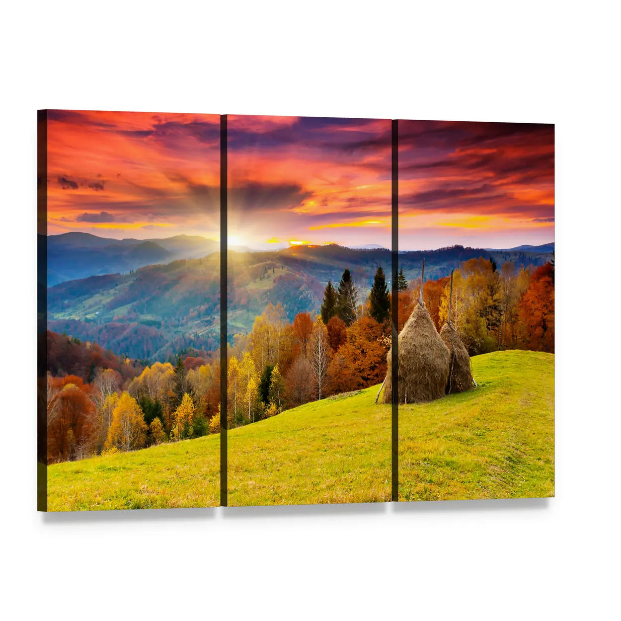 Autumn Mountain Landscape with Haystacks Canvas Wall Art, 3 panel 3 Horizontal layout gallery wrapped canvas set, angled product view