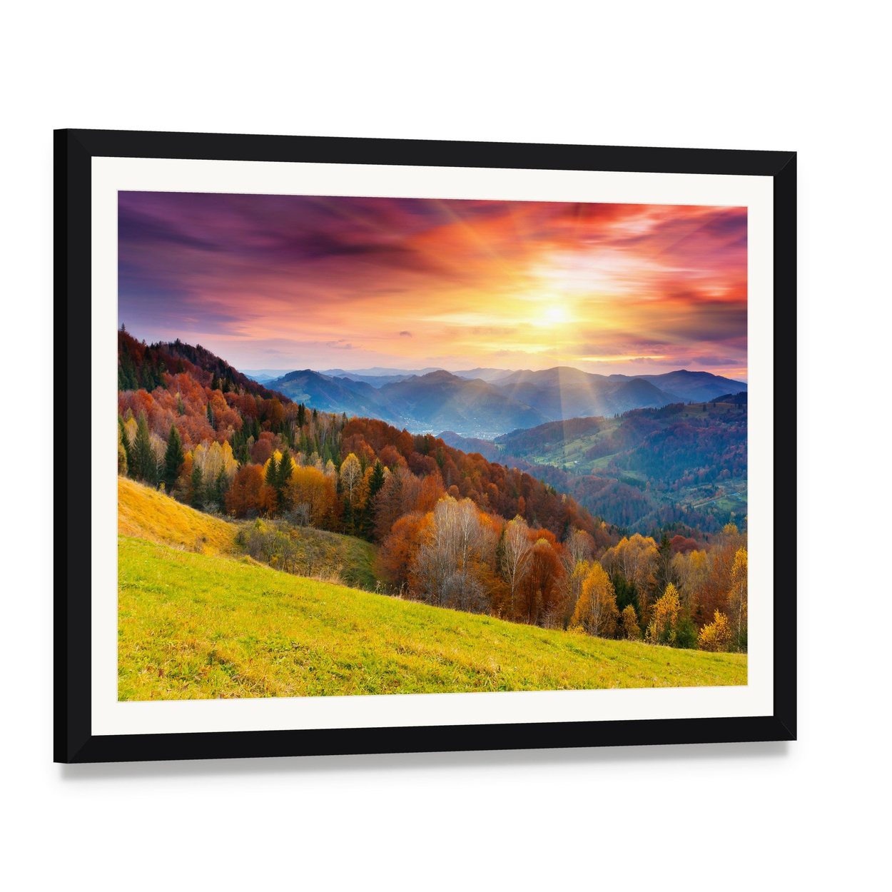Colorful Mountain at Sunset Canvas Wall Art, framed print with white mat and black frame, angled product view