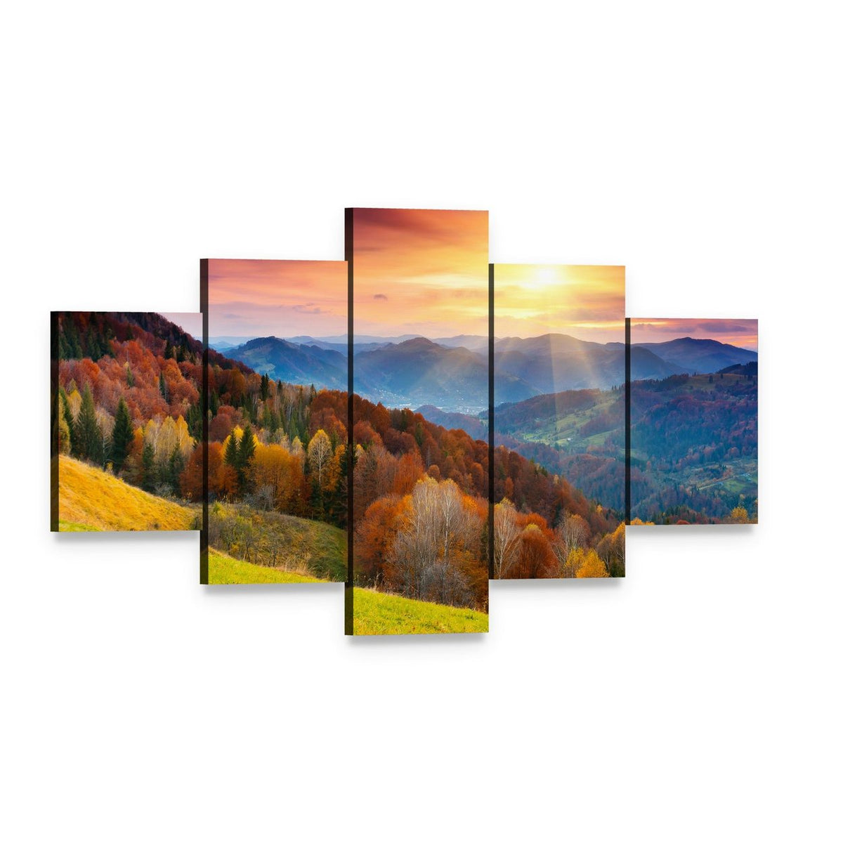 Colorful Mountain at Sunset Canvas Wall Art, 5 panel 5 Star layout gallery wrapped canvas set, angled product view