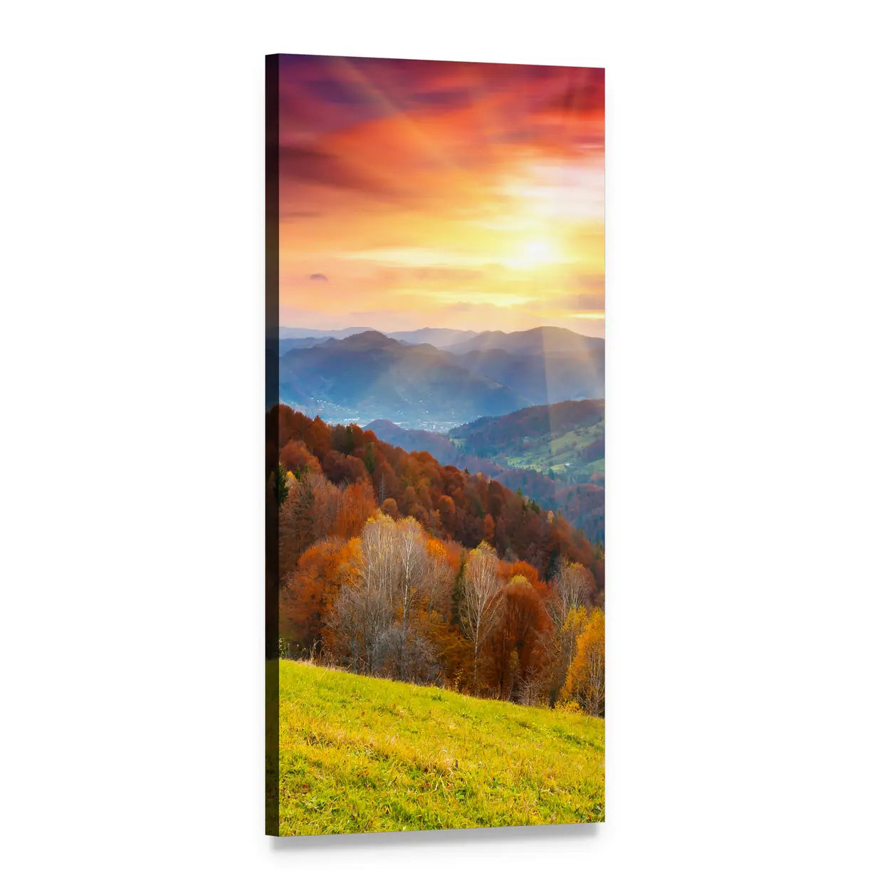 Autumn Mountain Sunset with Sunbeams Vertical Canvas Wall Art, 1 panel 1 Vertical layout gallery wrapped canvas set, angled product view