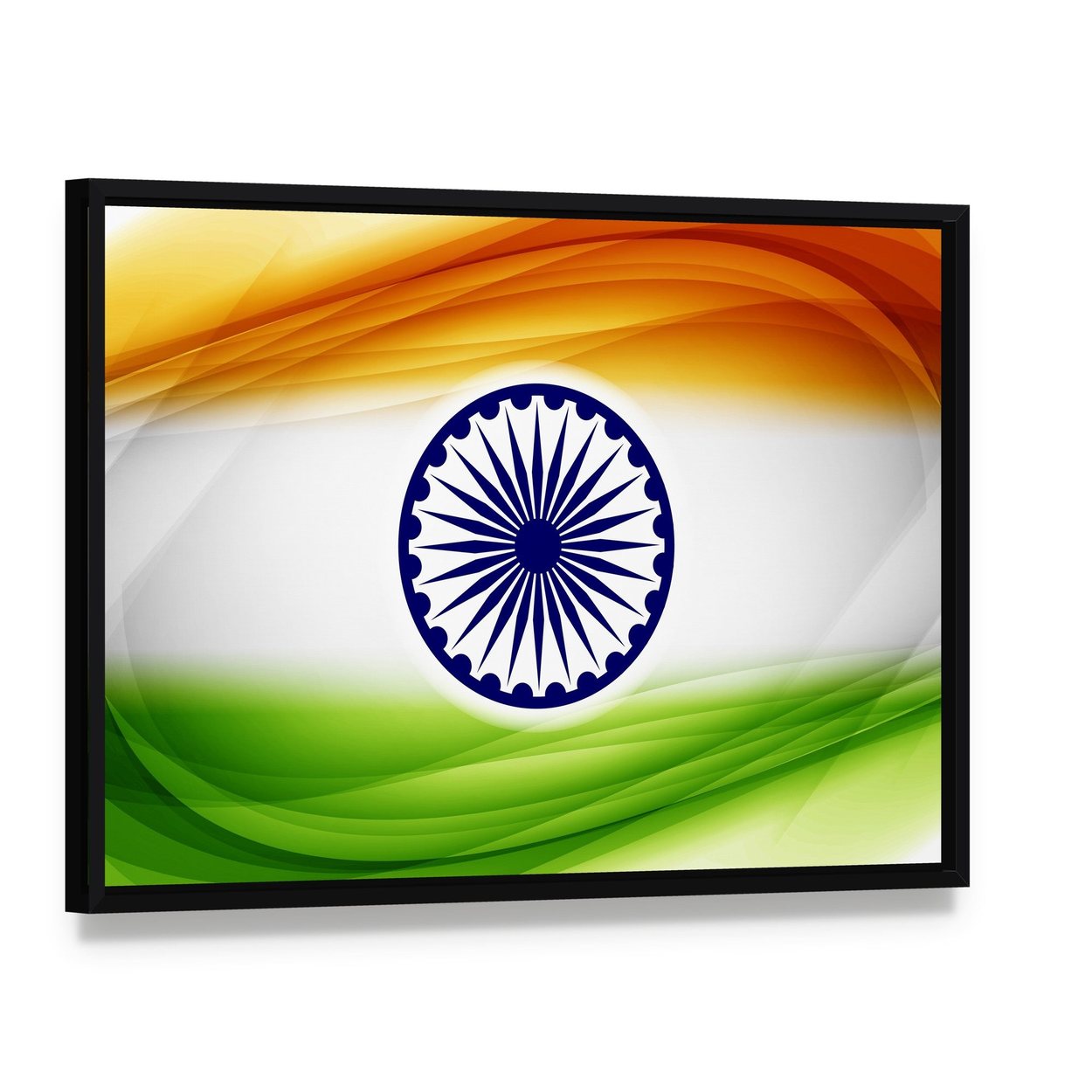 Abstract Indian Flag with Ashoka Chakra Canvas Wall Art, framed canvas in a black floater frame, angled product view