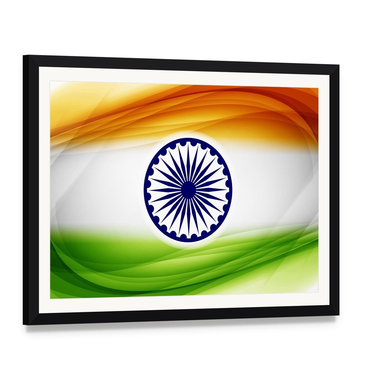Abstract Indian Flag with Ashoka Chakra Canvas Wall Art, framed print with white mat and black frame, angled product view