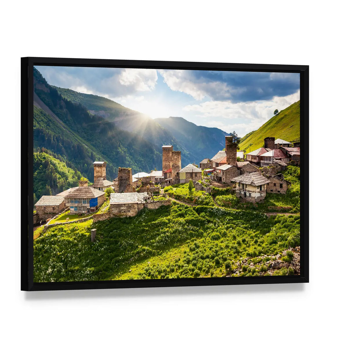 Adishi Village in Georgia Canvas Wall Art, framed canvas in a black floater frame, angled product view