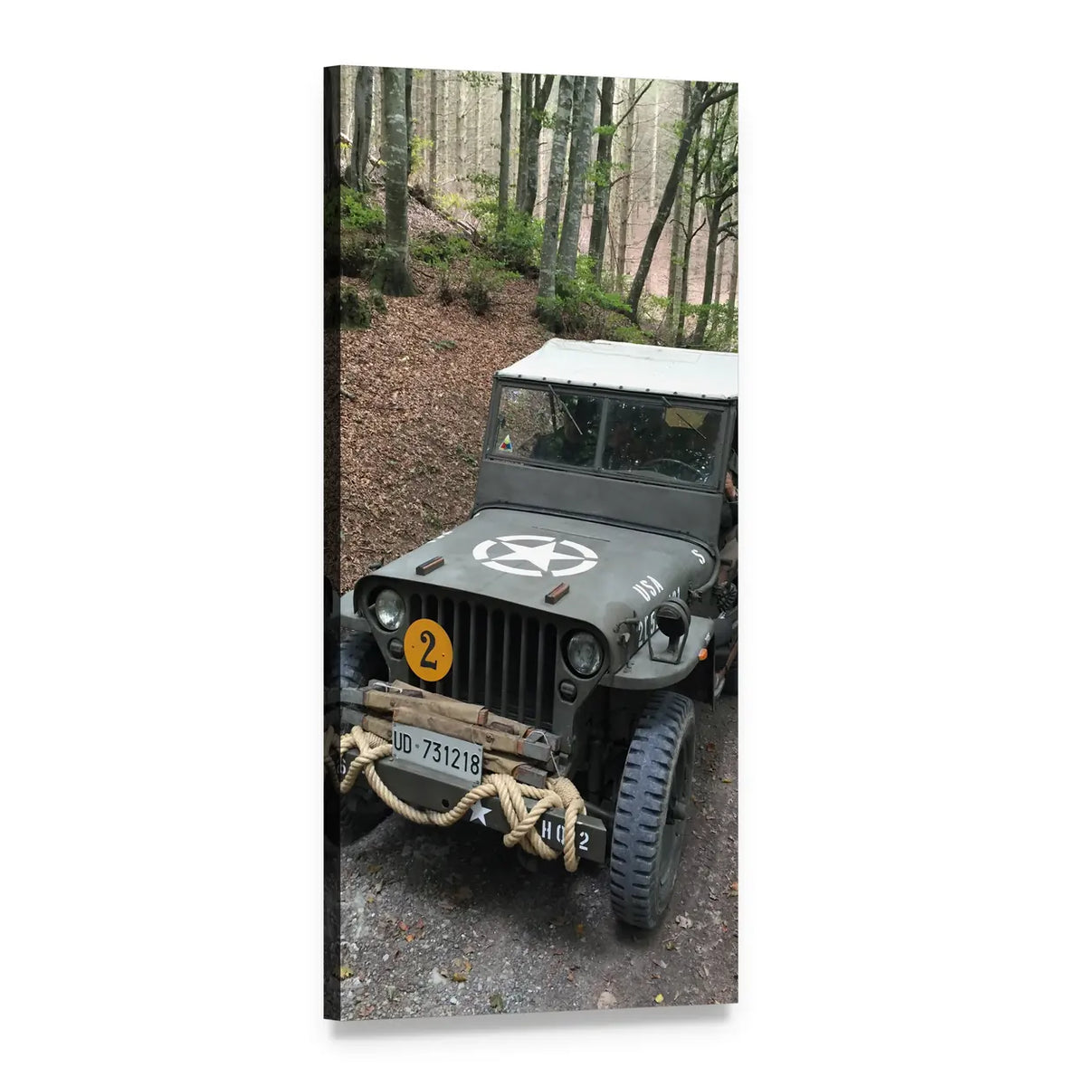 Vintage Military Jeep on Forest Road Vertical Canvas Wall Art, 1 panel 1 Vertical layout gallery wrapped canvas set, angled product view