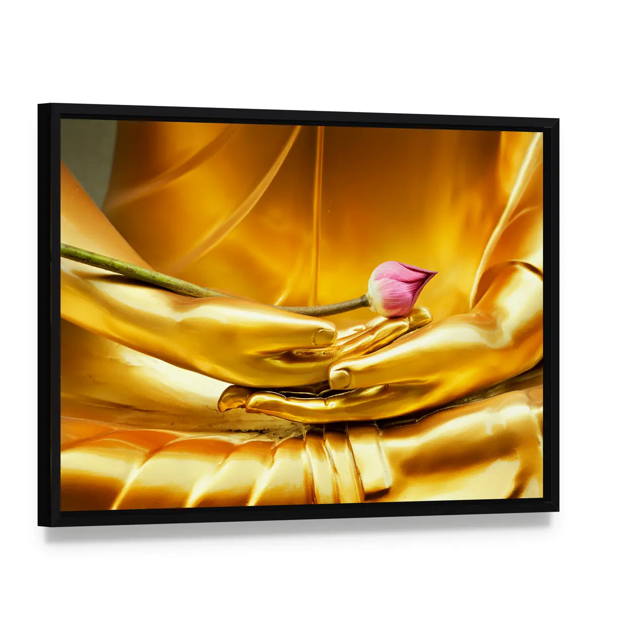 Lotus In Hand Of Buddha Canvas Wall Art, framed canvas in a black floater frame, angled product view