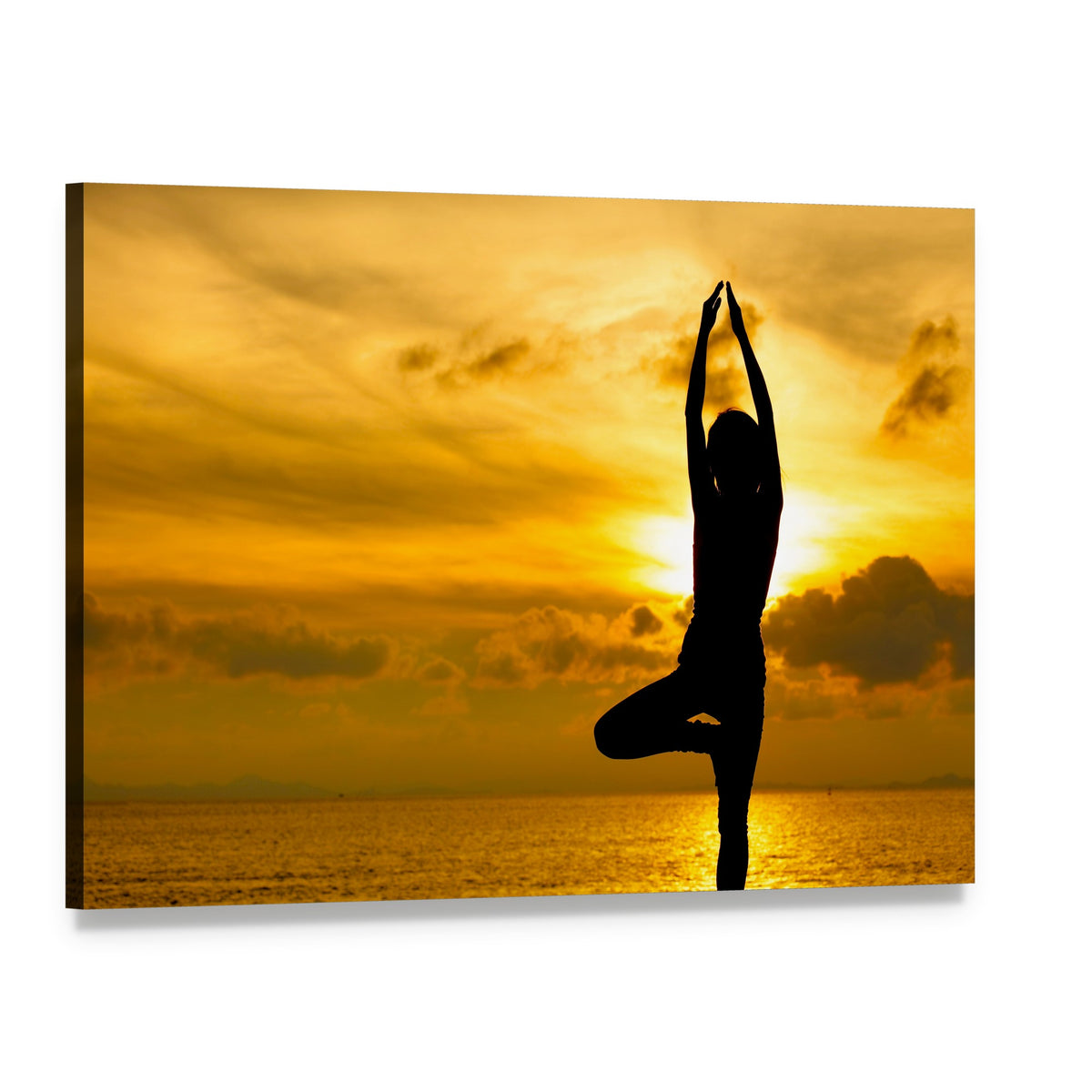 Silhouette of Yoga Woman in Sunset Canvas Wall Art, single panel gallery wrapped canvas, angled product view
