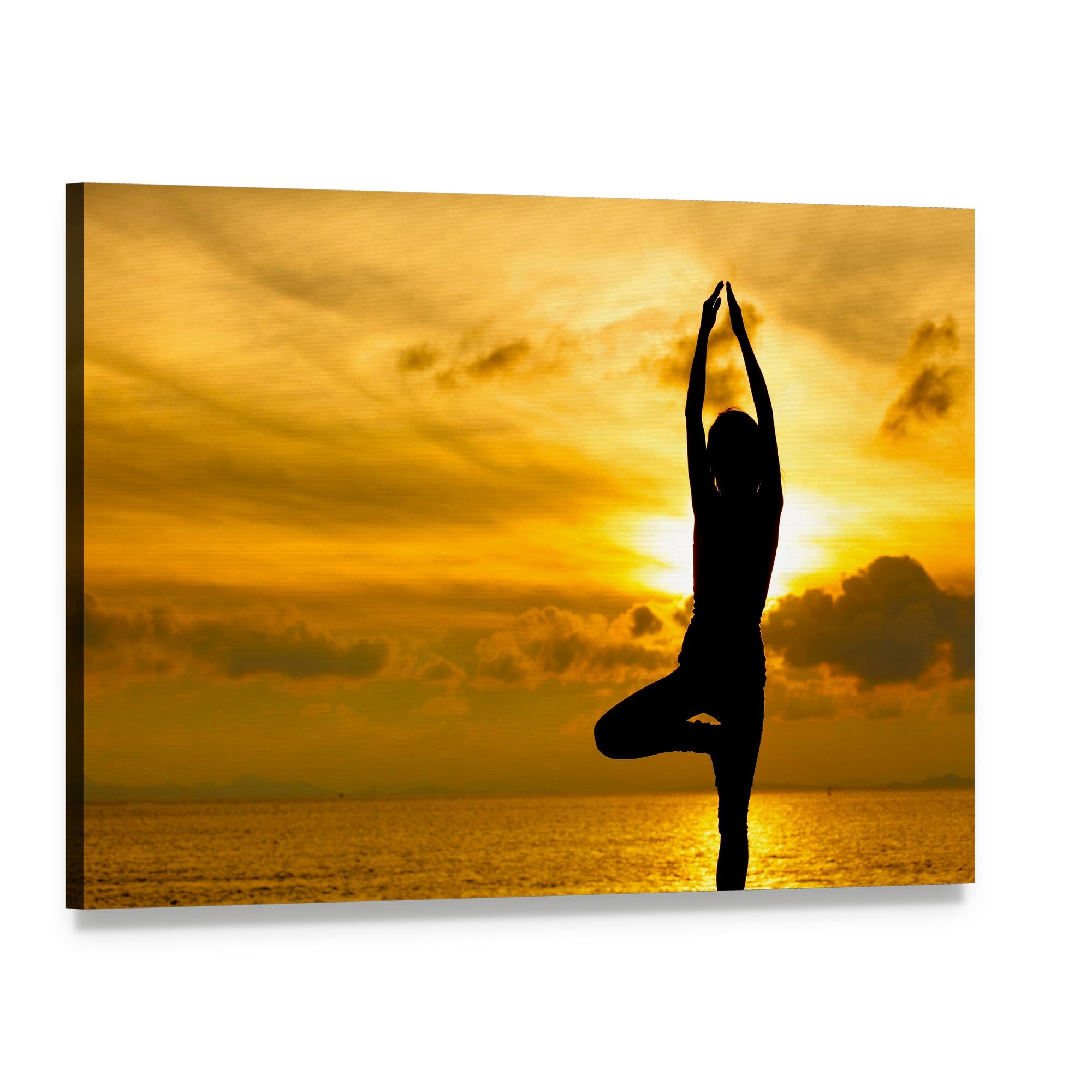 Silhouette of Yoga Woman in Sunset Canvas Wall Art, single panel gallery wrapped canvas, angled product view