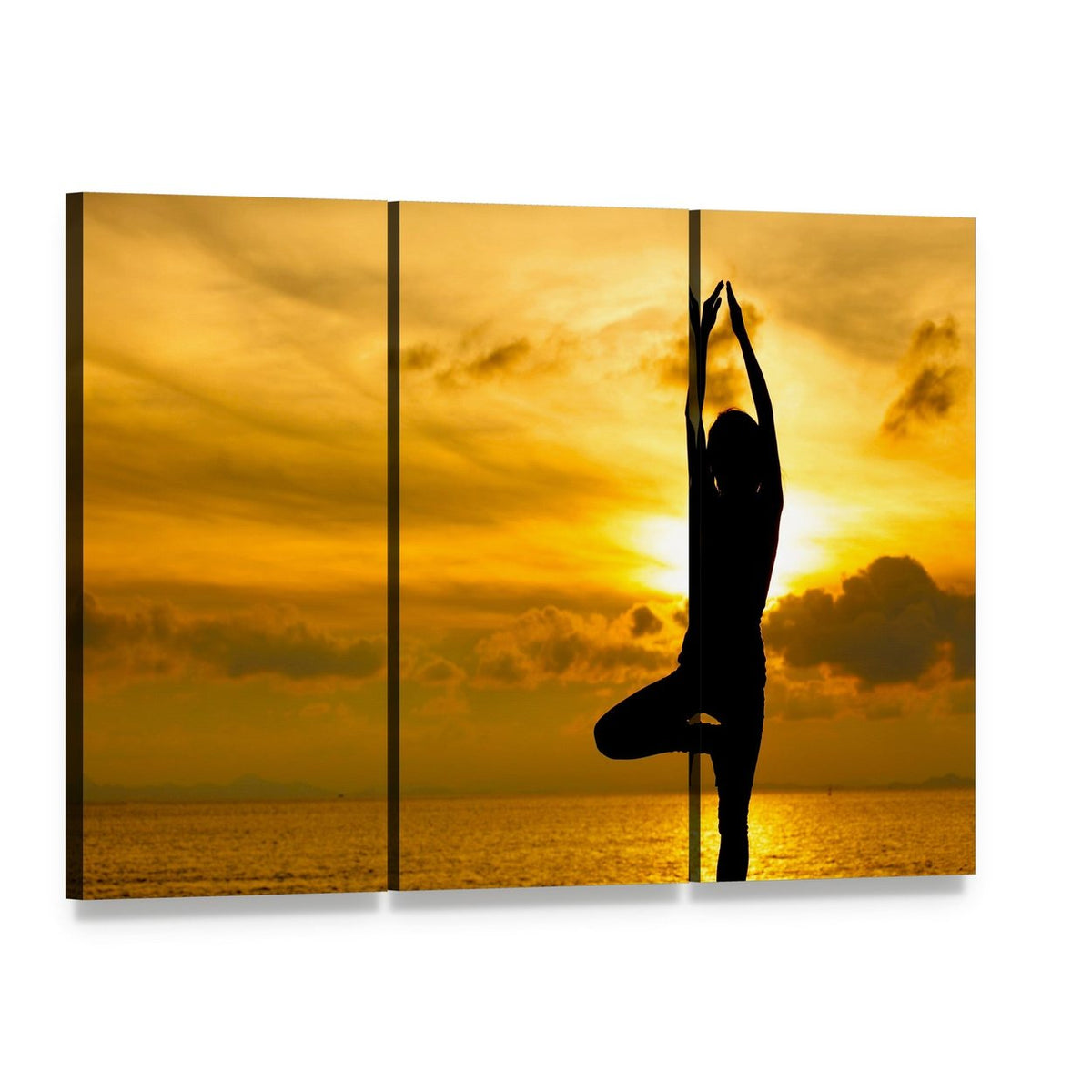 Silhouette of Yoga Woman in Sunset Canvas Wall Art, 3 panel 3 Horizontal layout gallery wrapped canvas set, angled product view
