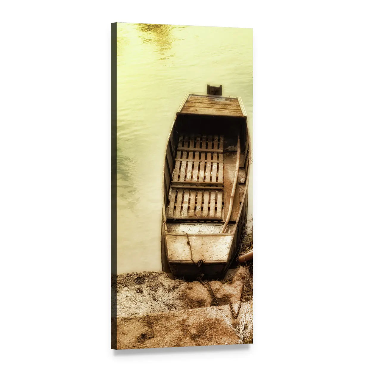 Wooden Boat on Riverbank in Sepia Vertical Canvas Wall Art, 1 panel 1 Vertical layout gallery wrapped canvas set, angled product view