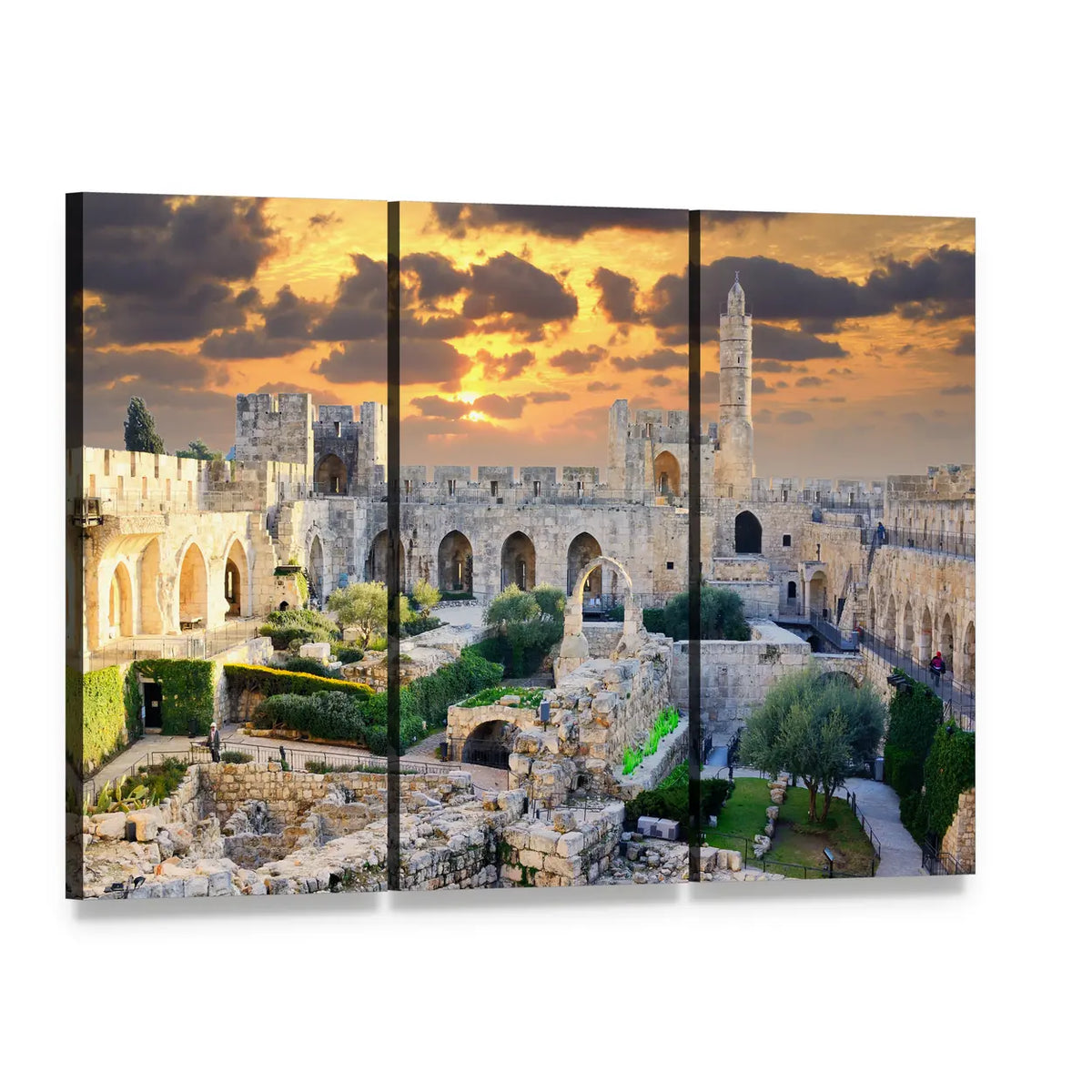 Tower of David at Sunset, Jerusalem Palestine Canvas Wall Art, 3 panel 3 Horizontal layout gallery wrapped canvas set, angled product view