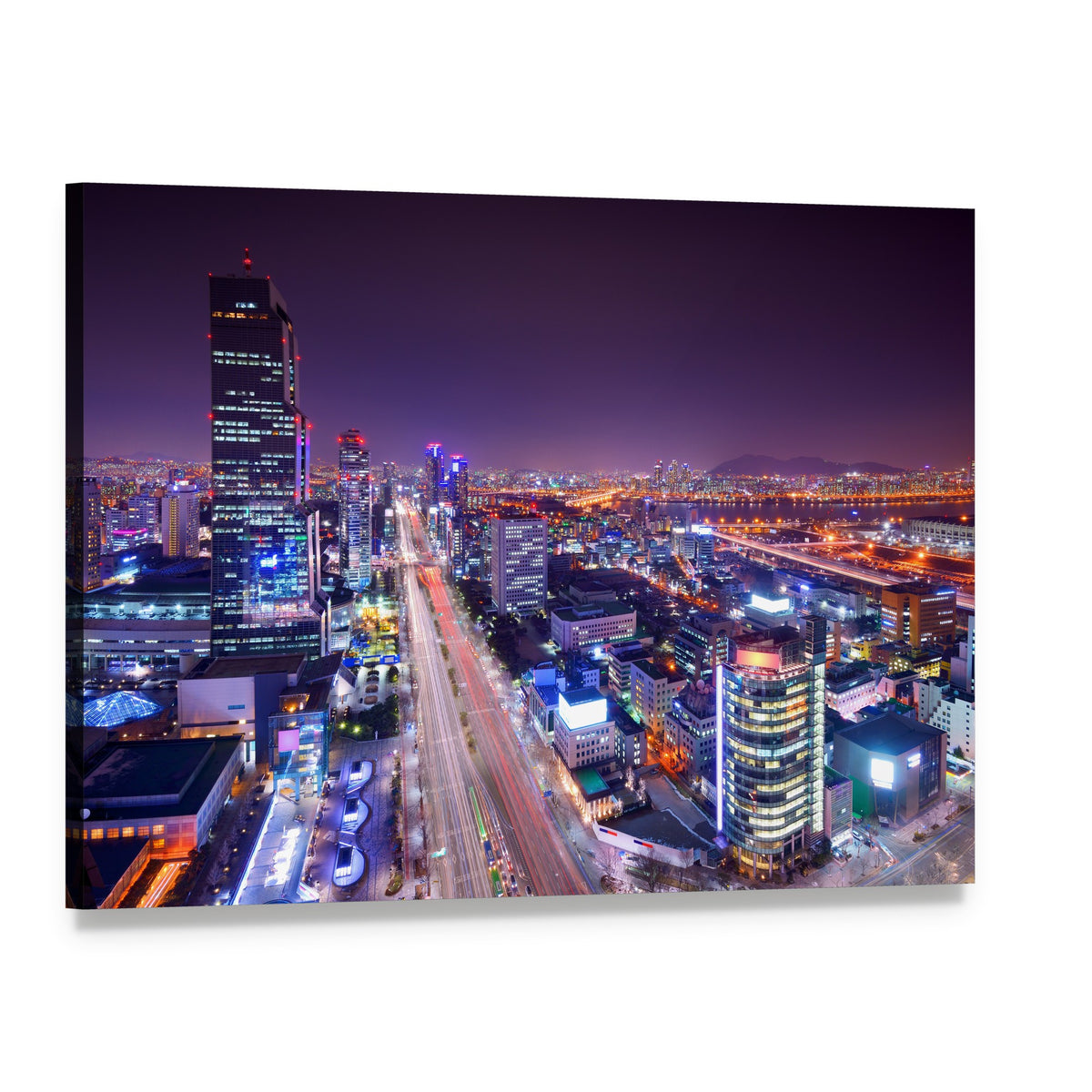 Vibrant Gangnam District Skyline at Night Canvas Wall Art, single panel gallery wrapped canvas, angled product view
