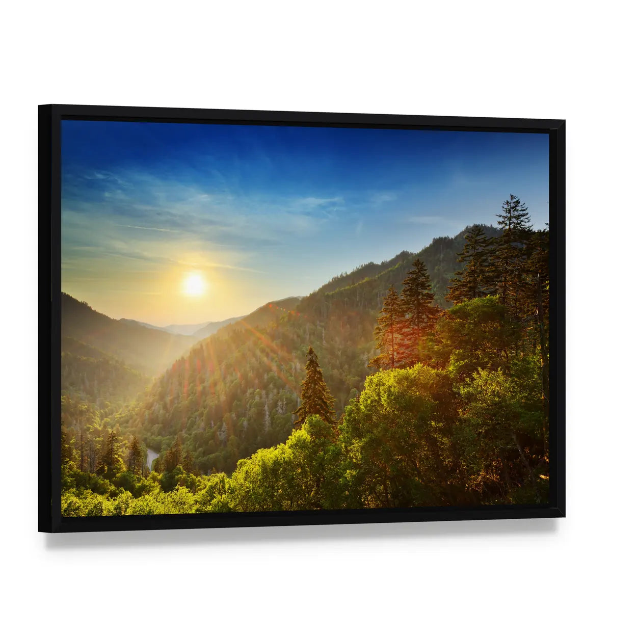 Sunset at Newfound Gap, Great Smoky Mountains Canvas Wall Art, framed canvas in a black floater frame, angled product view
