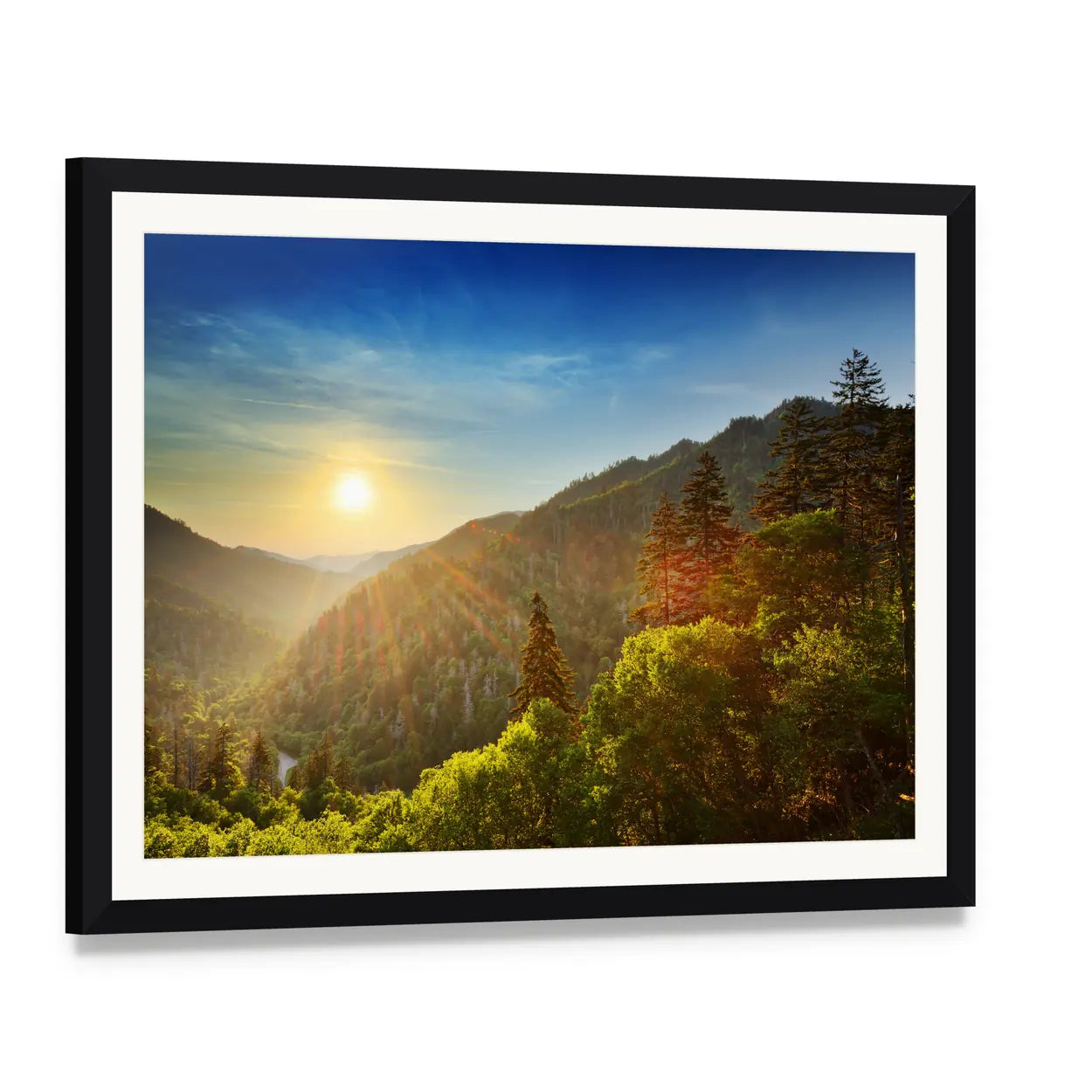Sunset at Newfound Gap, Great Smoky Mountains Canvas Wall Art, framed print with white mat and black frame, angled product view