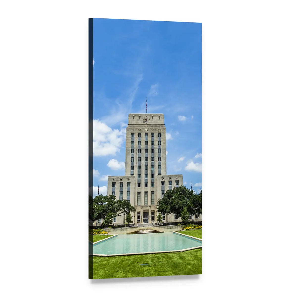 Houston City Hall with Reflecting Pool Vertical Canvas Wall Art, 1 panel 1 Vertical layout gallery wrapped canvas set, angled product view