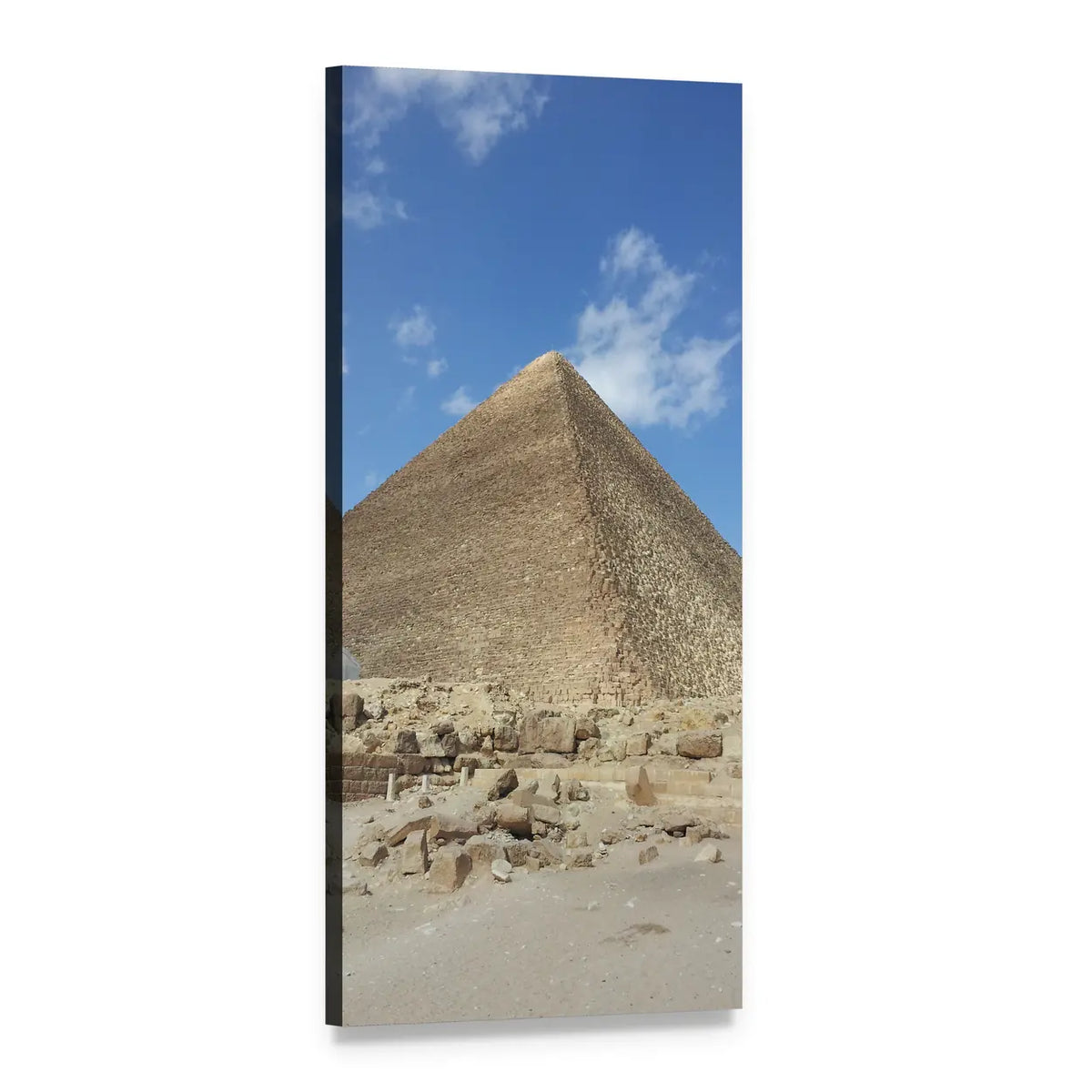 Great Pyramid of Giza, Sunlit Desert Vertical Canvas Wall Art, 1 panel 1 Vertical layout gallery wrapped canvas set, angled product view
