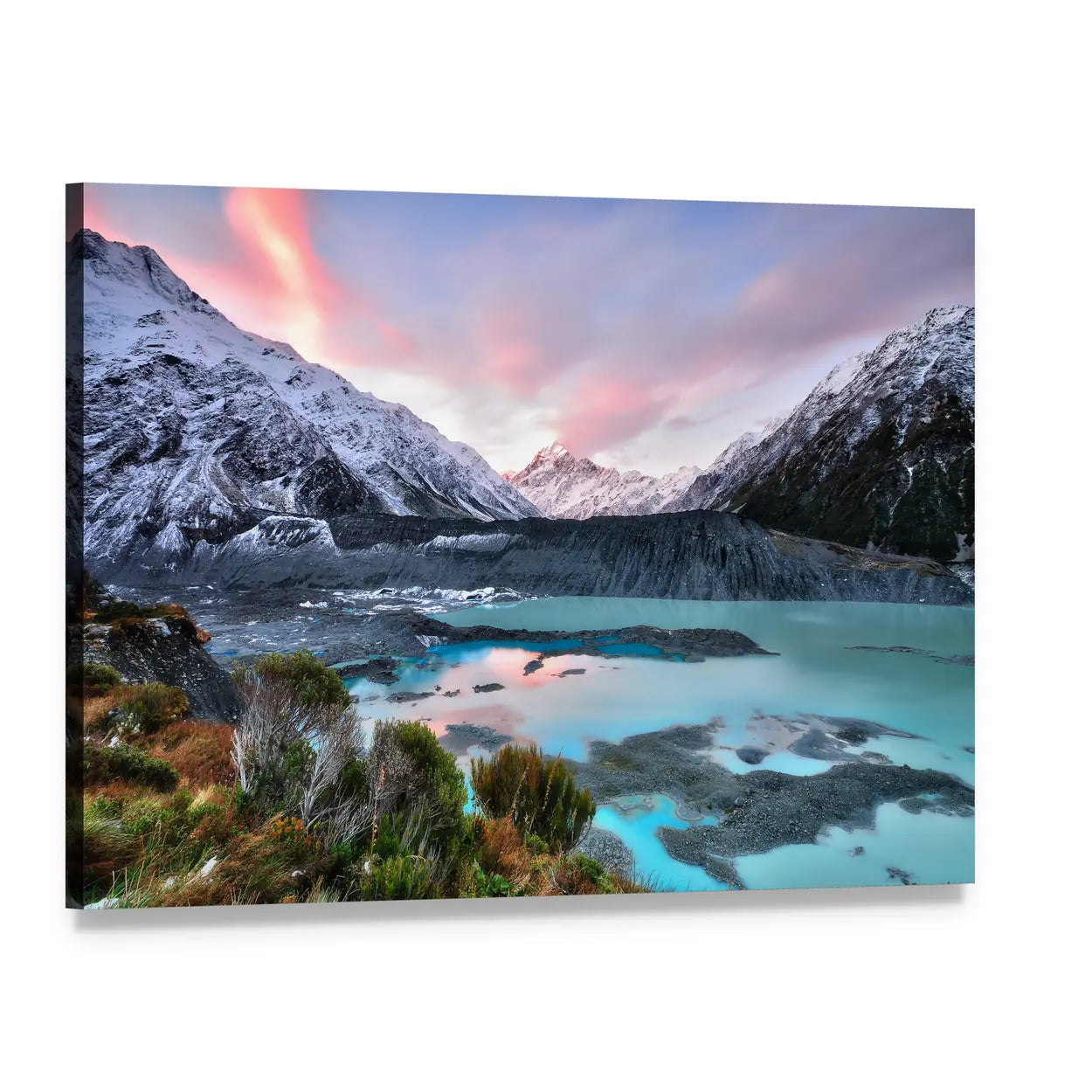 Sunset Over Mueller Glacier Aoraki Mt Cook Canvas Wall Art, single panel gallery wrapped canvas, angled product view