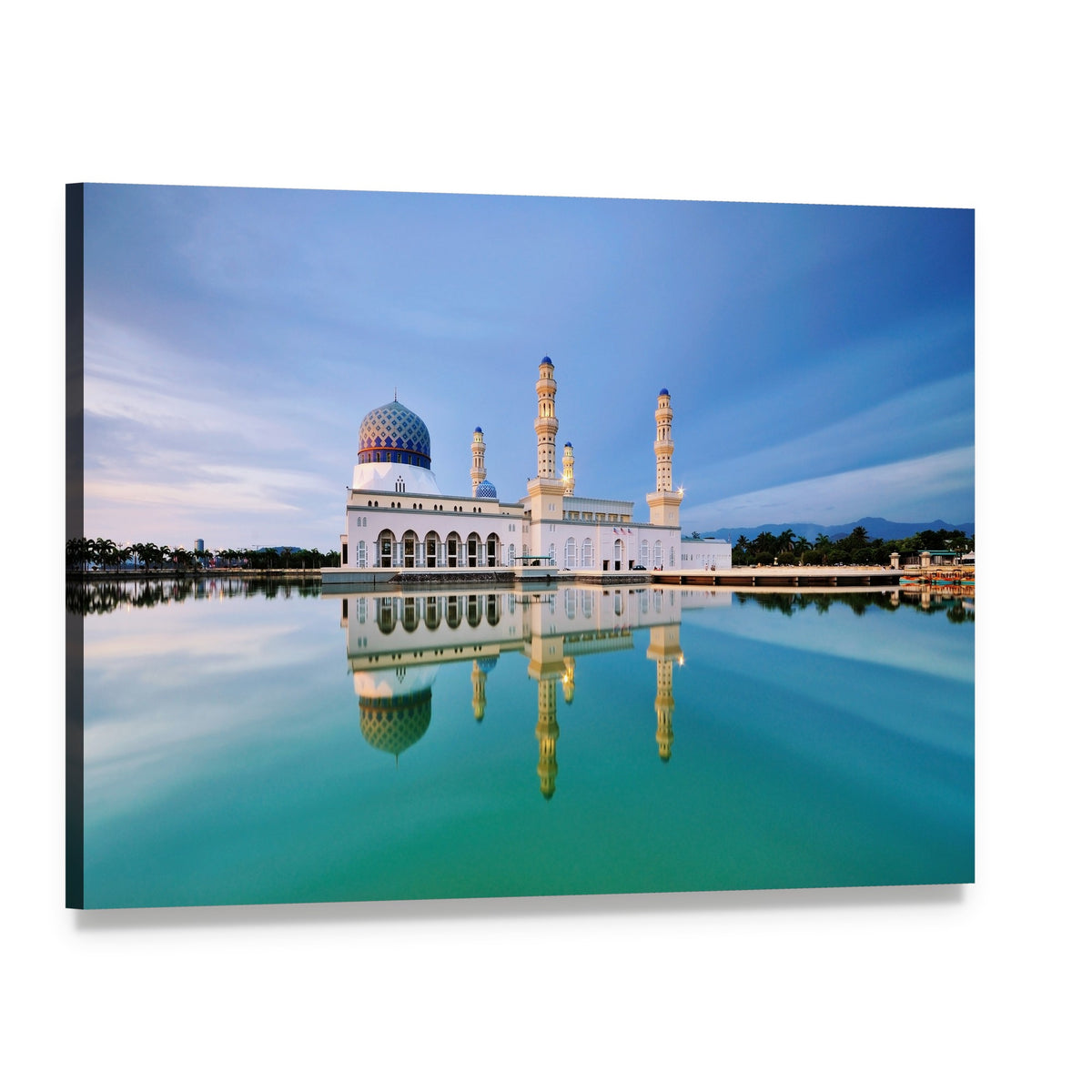 Floating Mosque in Malaysia at Dusk Canvas Wall Art, single panel gallery wrapped canvas, angled product view