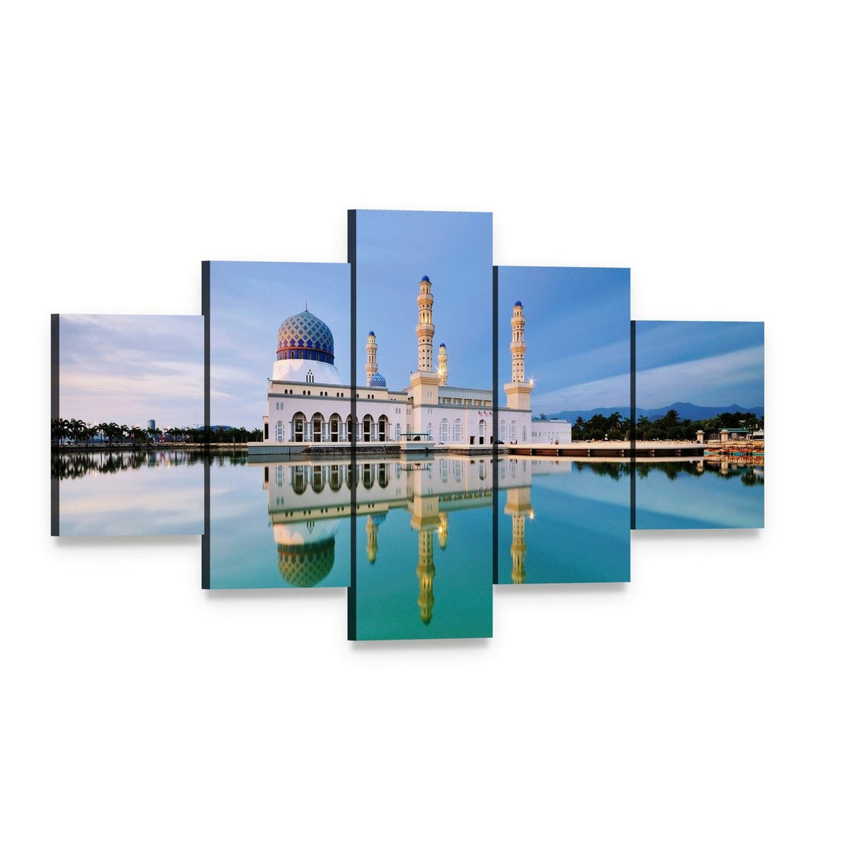 Floating Mosque in Malaysia at Dusk Canvas Wall Art, 5 panel 5 Star layout gallery wrapped canvas set, angled product view