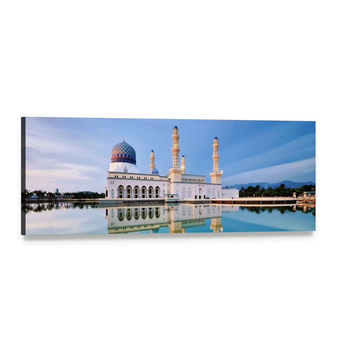 Malaysian Floating Mosque with Water Reflection Panoramic Canvas Wall Art, single panel gallery wrapped canvas, angled product view