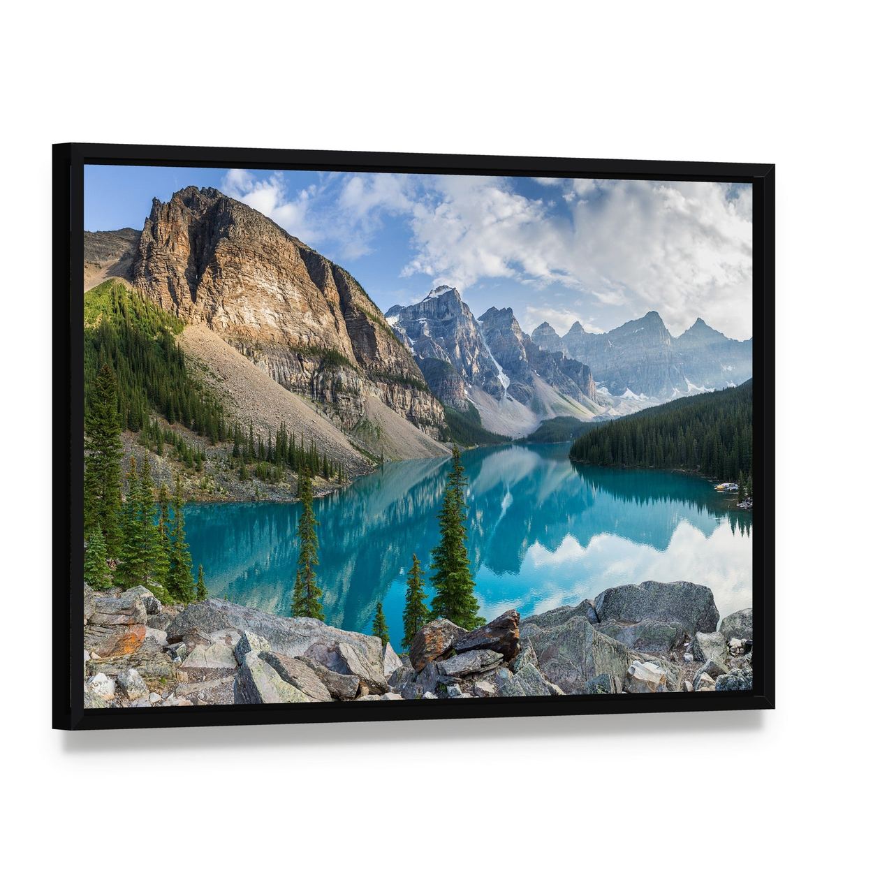 Rocky Mountains and Moraine Lake Canvas Wall Art, framed canvas in a black floater frame, angled product view