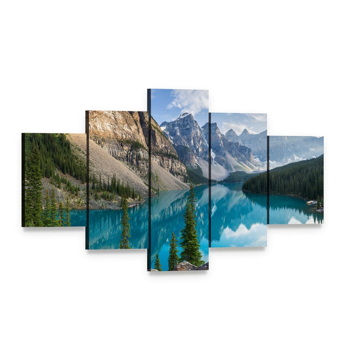 Rocky Mountains and Moraine Lake Canvas Wall Art, 5 panel 5 Star layout gallery wrapped canvas set, angled product view