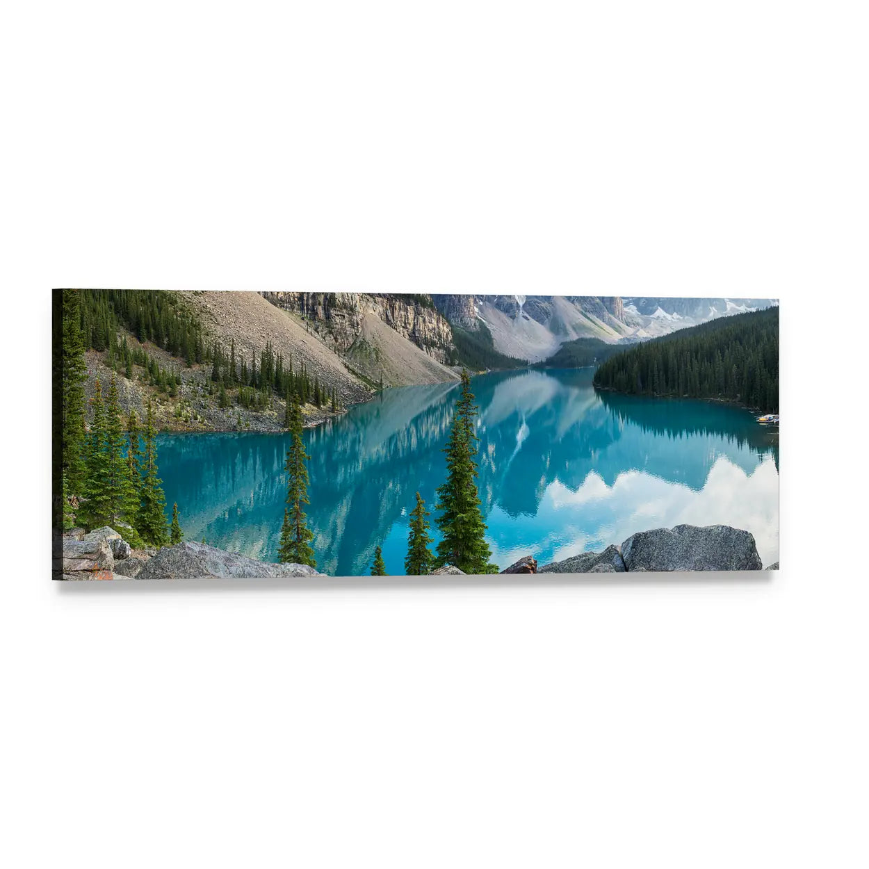 Moraine Lake with Rocky Mountain Peaks Panoramic Canvas Wall Art, single panel gallery wrapped canvas, angled product view