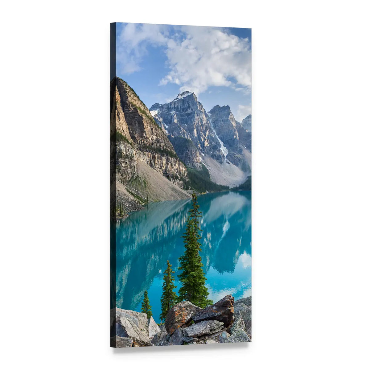 Moraine Lake and Rocky Mountains Vertical Canvas Wall Art, 1 panel 1 Vertical layout gallery wrapped canvas set, angled product view