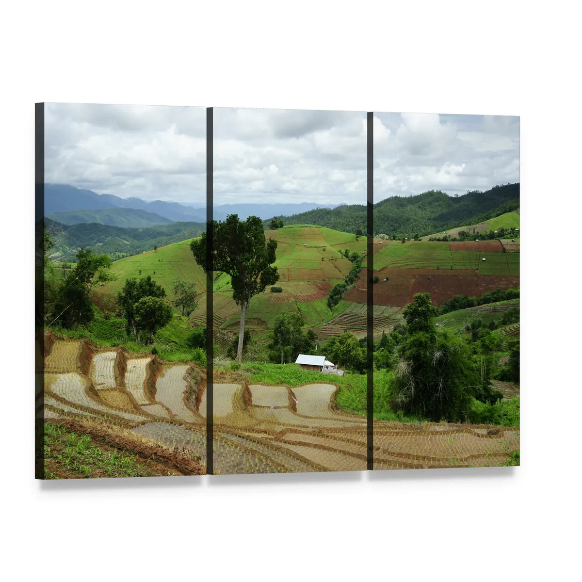 Maechaem Rice Terraces, Thailand Canvas Wall Art, 3 panel 3 Horizontal layout gallery wrapped canvas set, angled product view