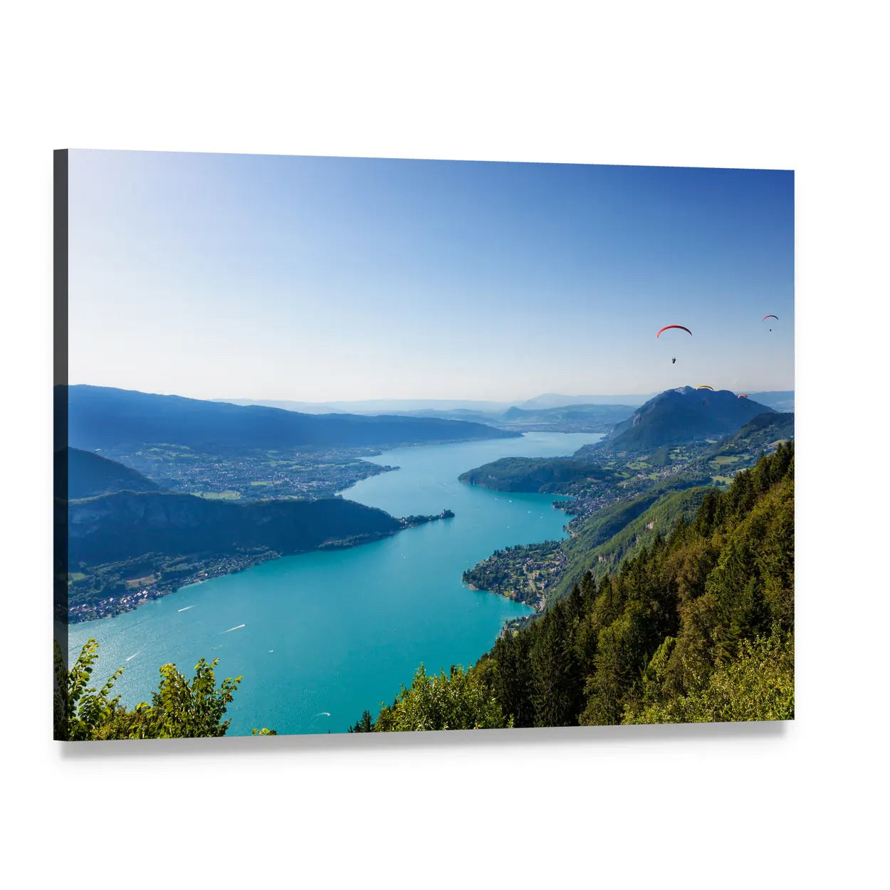 View of Lake Annecy Canvas Wall Art, single panel gallery wrapped canvas, angled product view