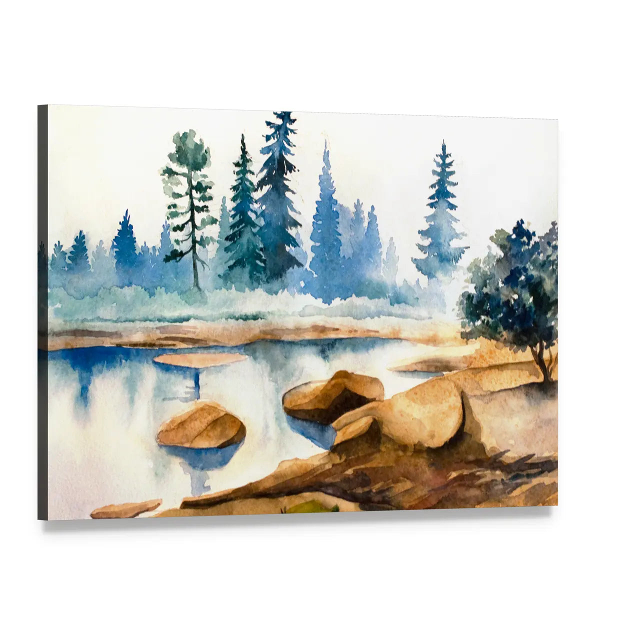Watercolor Lake Landscape Canvas Wall Art, single panel gallery wrapped canvas, angled product view
