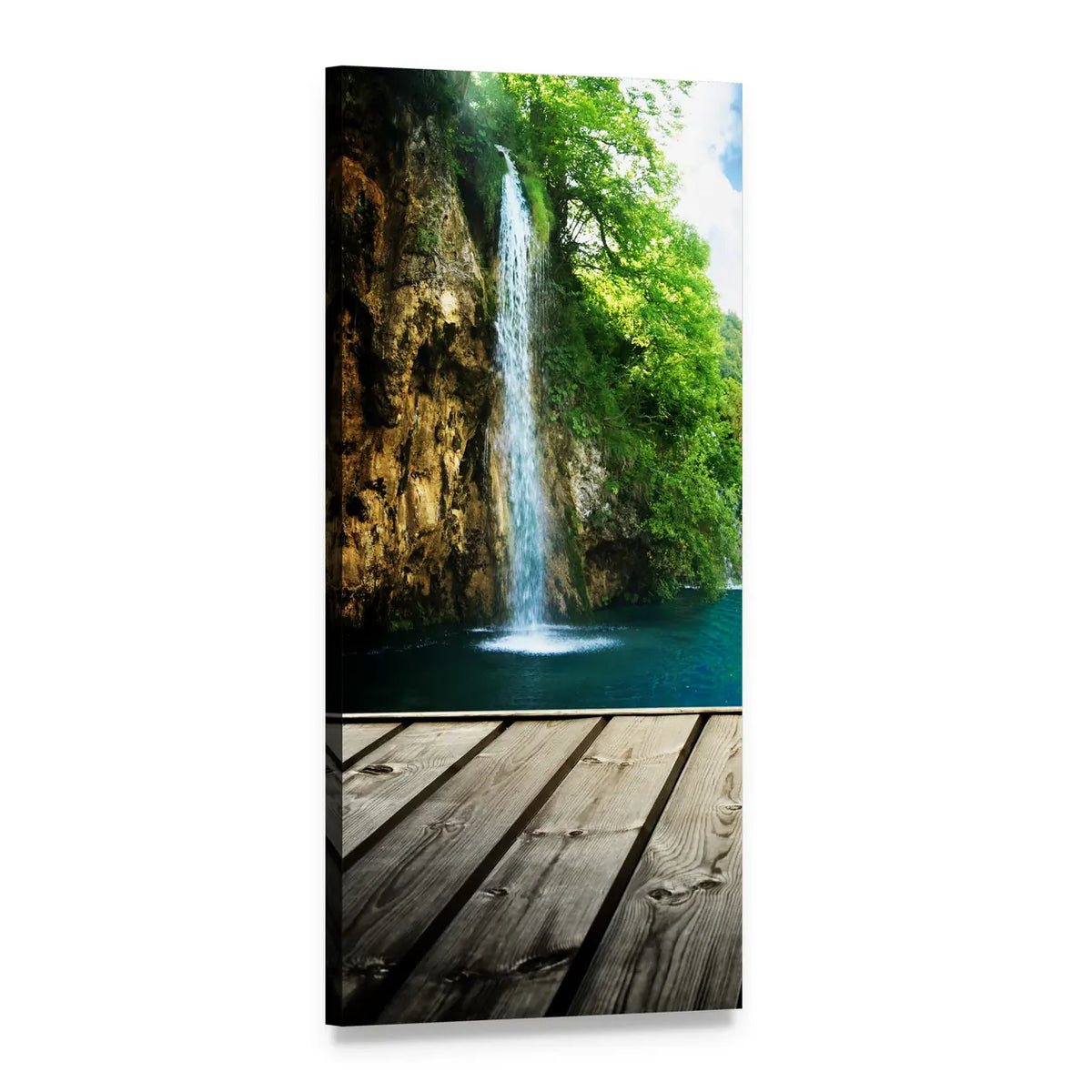 Wooden Boardwalk to Forest Waterfall Vertical Canvas Wall Art, 1 panel 1 Vertical layout gallery wrapped canvas set, angled product view