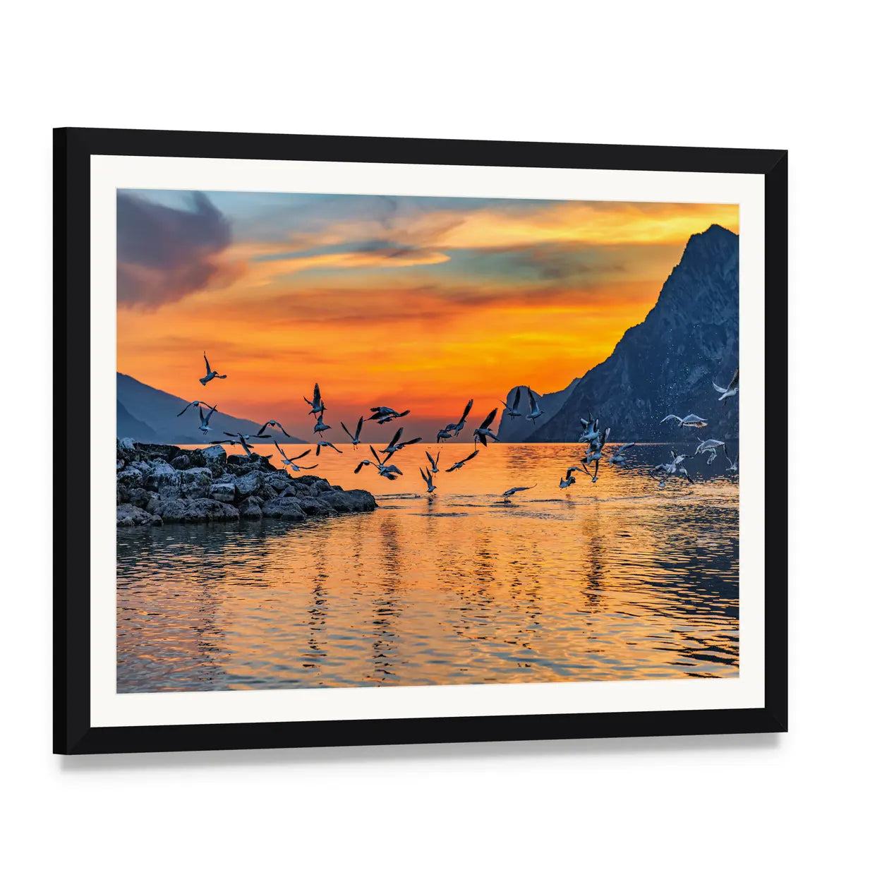 Sunset At Lake Garda In Italy Canvas Wall Art, framed print with white mat and black frame, angled product view