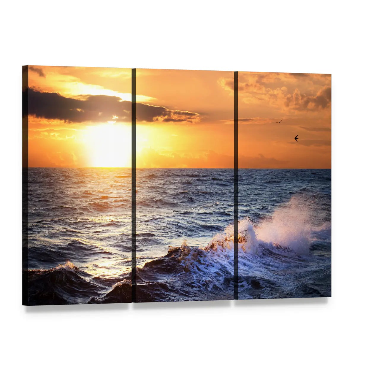 Stormy Sea at Sunset Canvas Wall Art, 3 panel 3 Horizontal layout gallery wrapped canvas set, angled product view