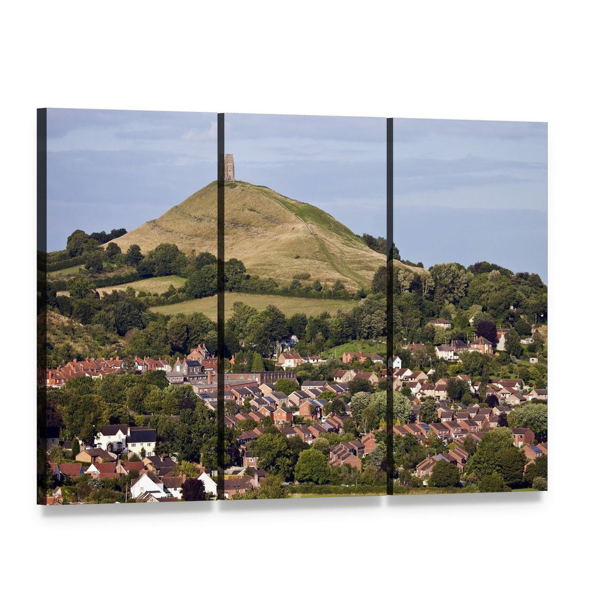 Glastonbury Tor Over Rolling Hills Canvas Wall Art, 3 panel 3 Horizontal layout gallery wrapped canvas set, angled product view