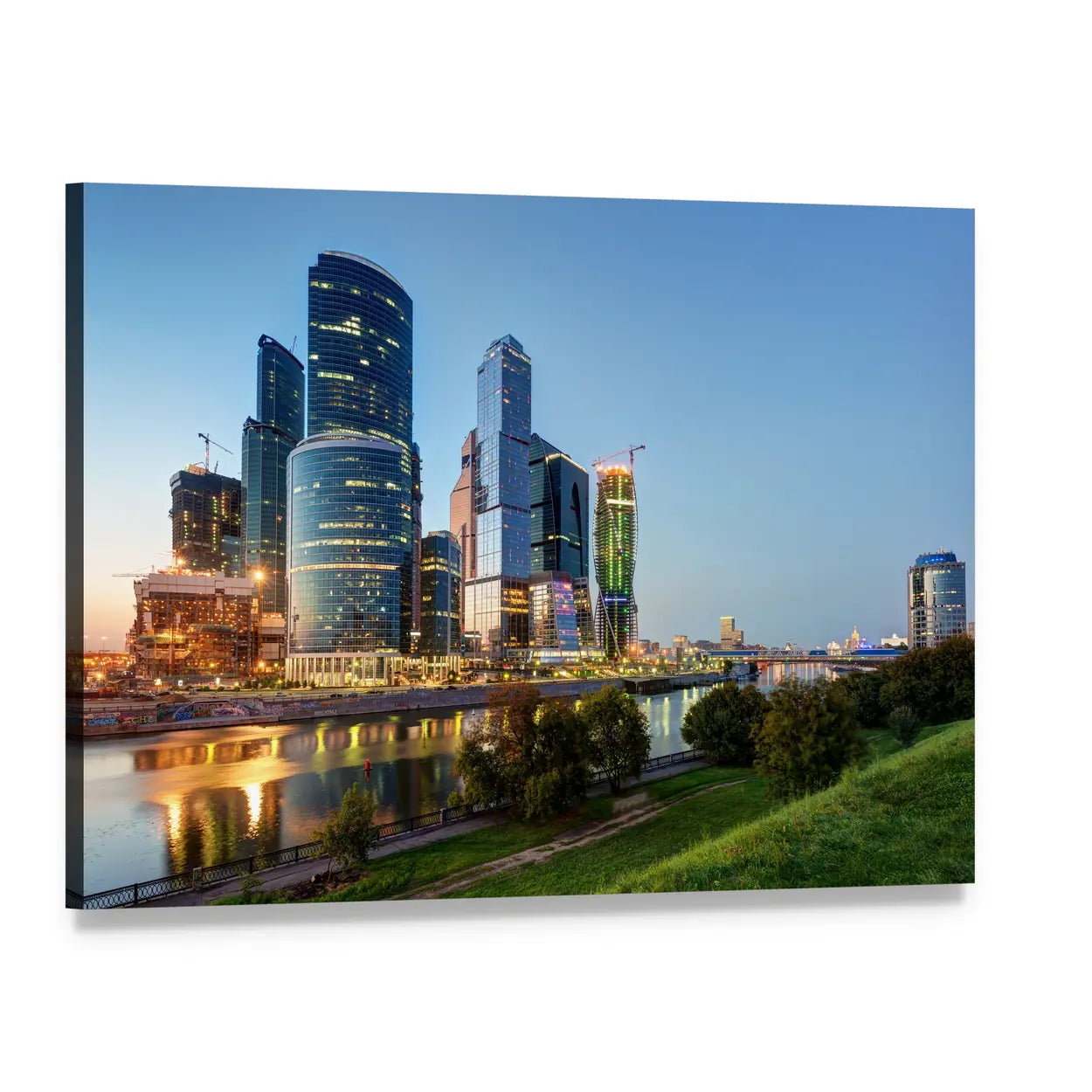 Moscow Business Center at Dusk Canvas Wall Art, single panel gallery wrapped canvas, angled product view