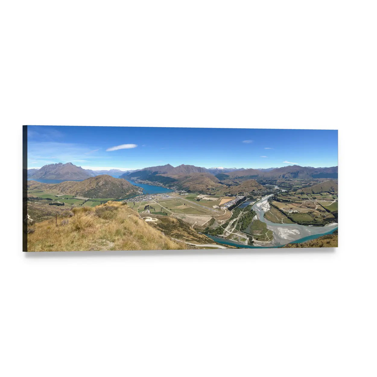 Lake Wakatipu Aerial Valley View Panoramic Canvas Wall Art, single panel gallery wrapped canvas, angled product view