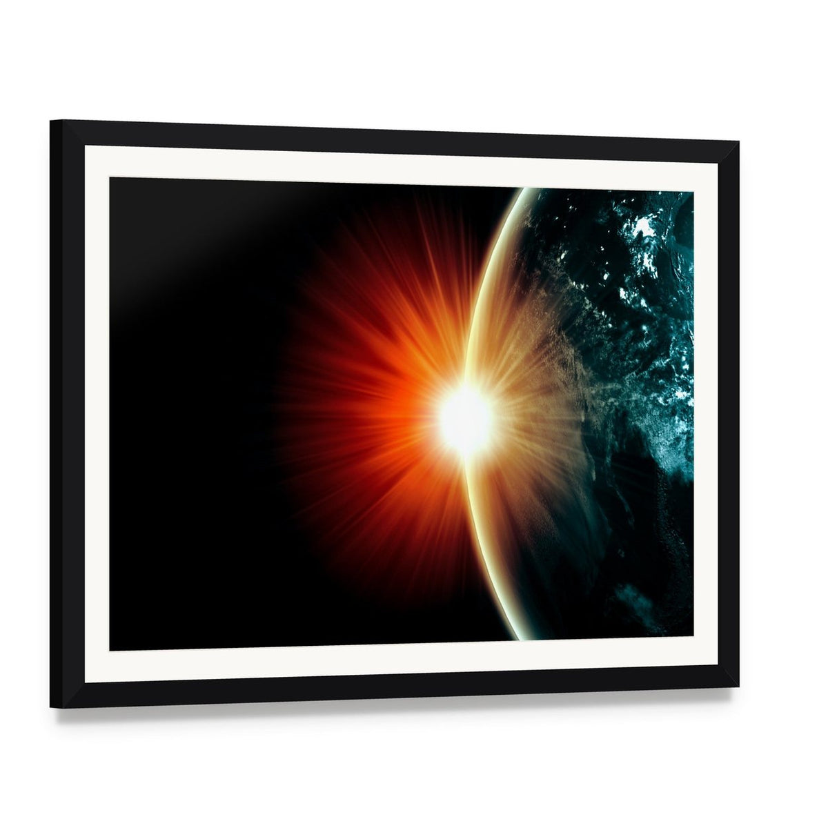 Planet Earth with Sunbeam Light Canvas Wall Art, framed print with white mat and black frame, angled product view
