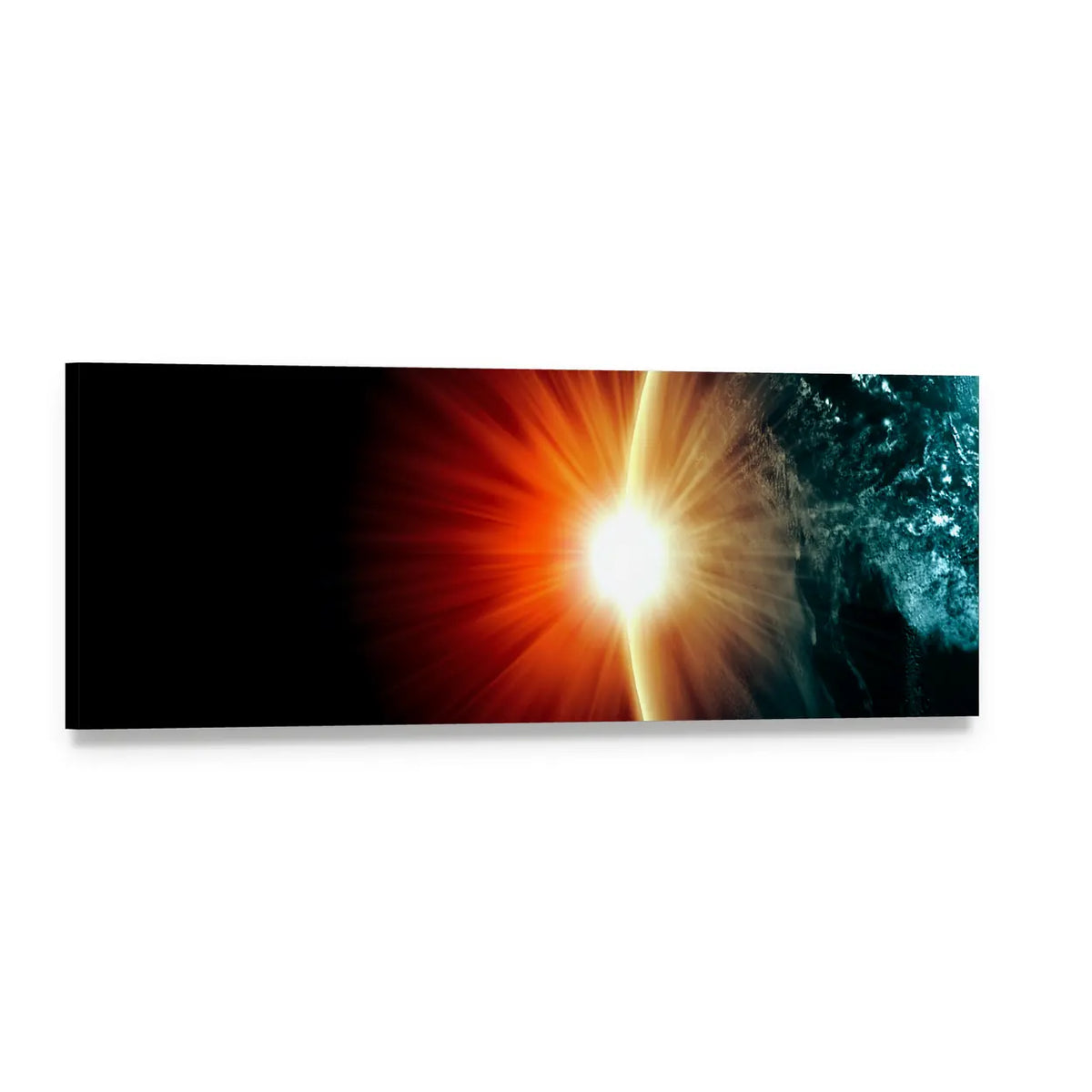 Planet Earth with Sunburst Panoramic Canvas Wall Art, single panel gallery wrapped canvas, angled product view