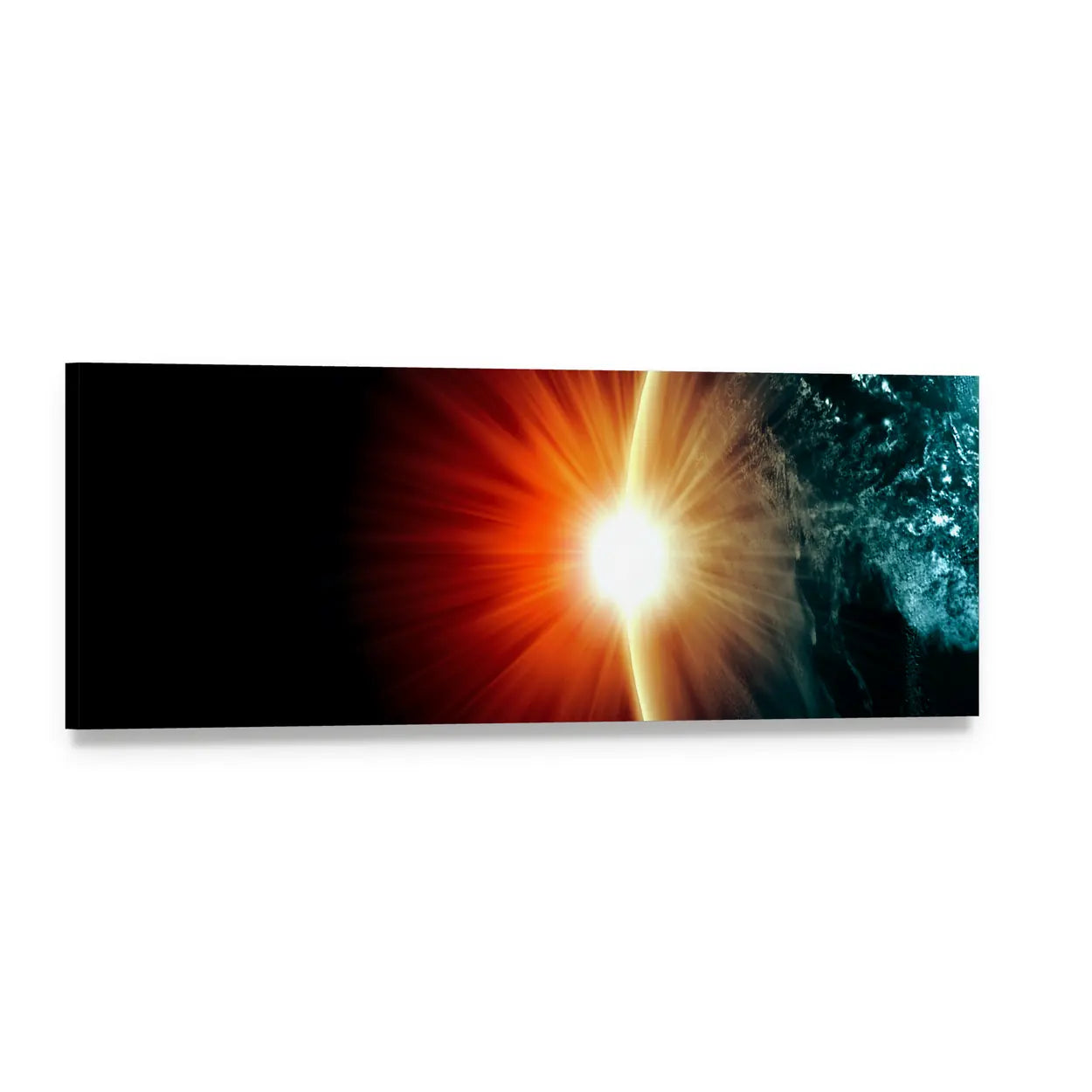 Planet Earth with Sunburst Panoramic Canvas Wall Art, single panel gallery wrapped canvas, angled product view