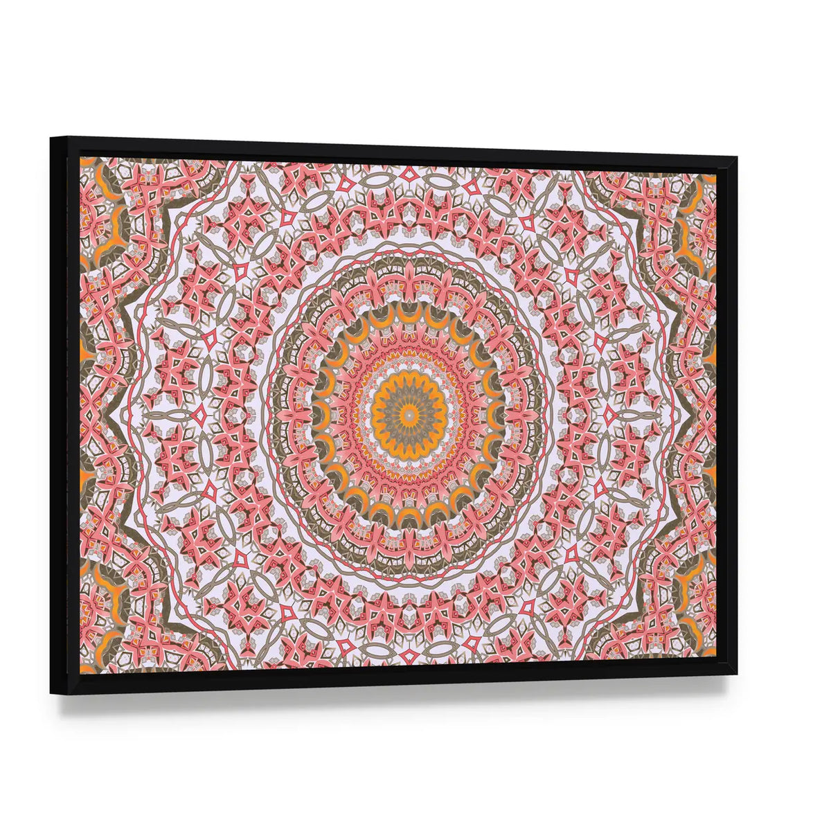 Round Mosaic Mandala Canvas Wall Art, framed canvas in a black floater frame, angled product view