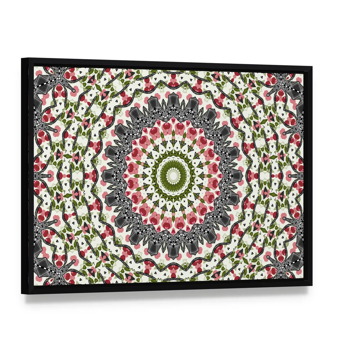 Geometric Mandala Pattern Canvas Wall Art, framed canvas in a black floater frame, angled product view