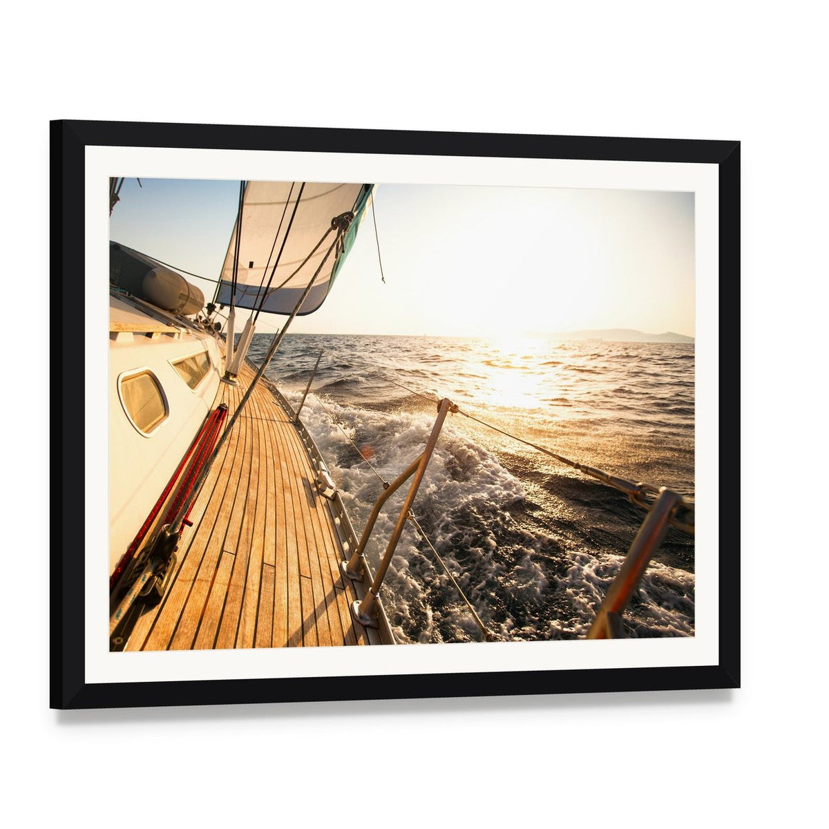 Yacht Sailing Regatta Canvas Wall Art, framed print with white mat and black frame, angled product view