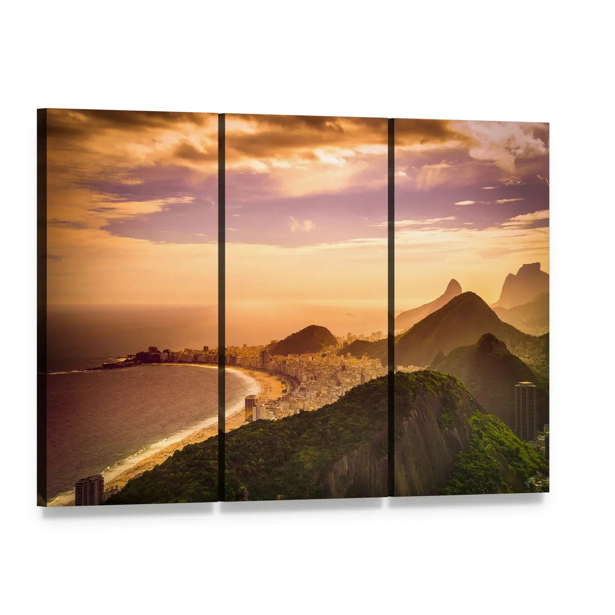 Copacabana Beach at Dusk Canvas Wall Art, 3 panel 3 Horizontal layout gallery wrapped canvas set, angled product view