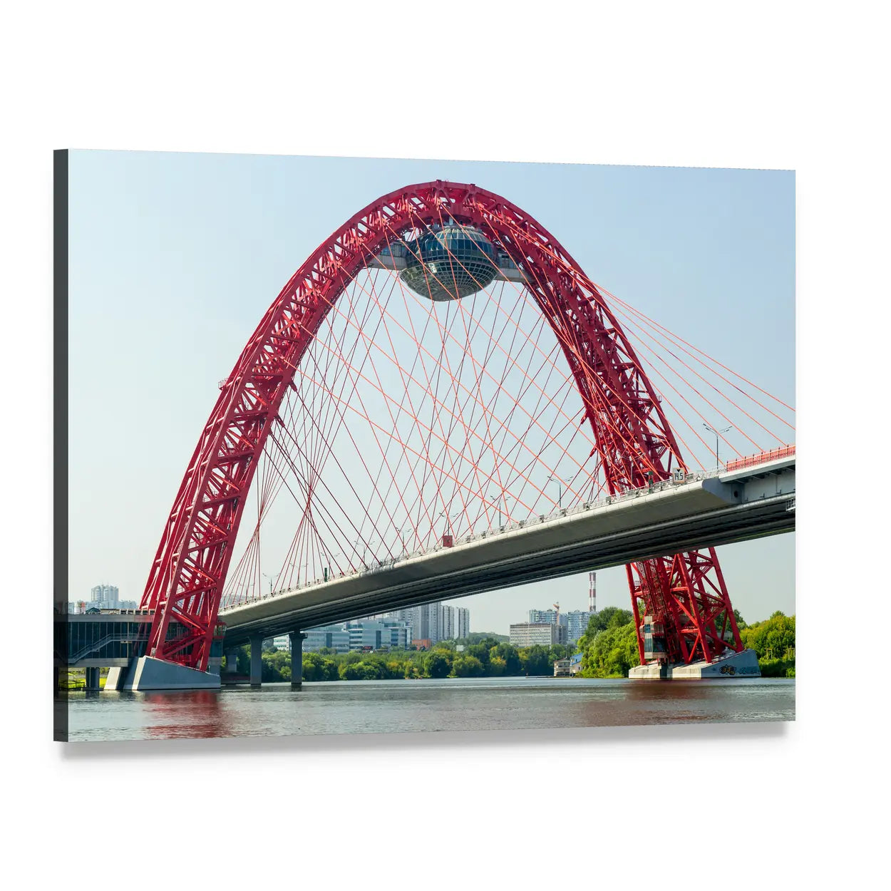 Red Arched Cable-stayed Bridge Canvas Wall Art, single panel gallery wrapped canvas, angled product view
