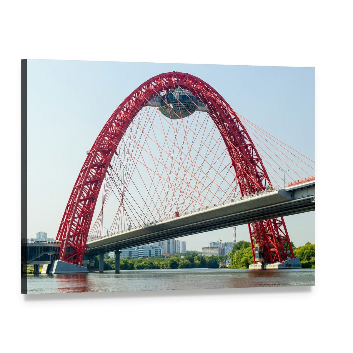 Suspension Bridge Over City Skyline Canvas Wall Art, single panel gallery wrapped canvas, angled product view