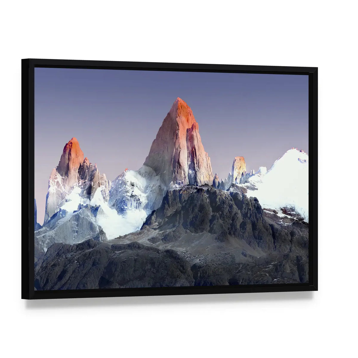 Mount Fitz Roy In Patagonia Canvas Wall Art, framed canvas in a black floater frame, angled product view