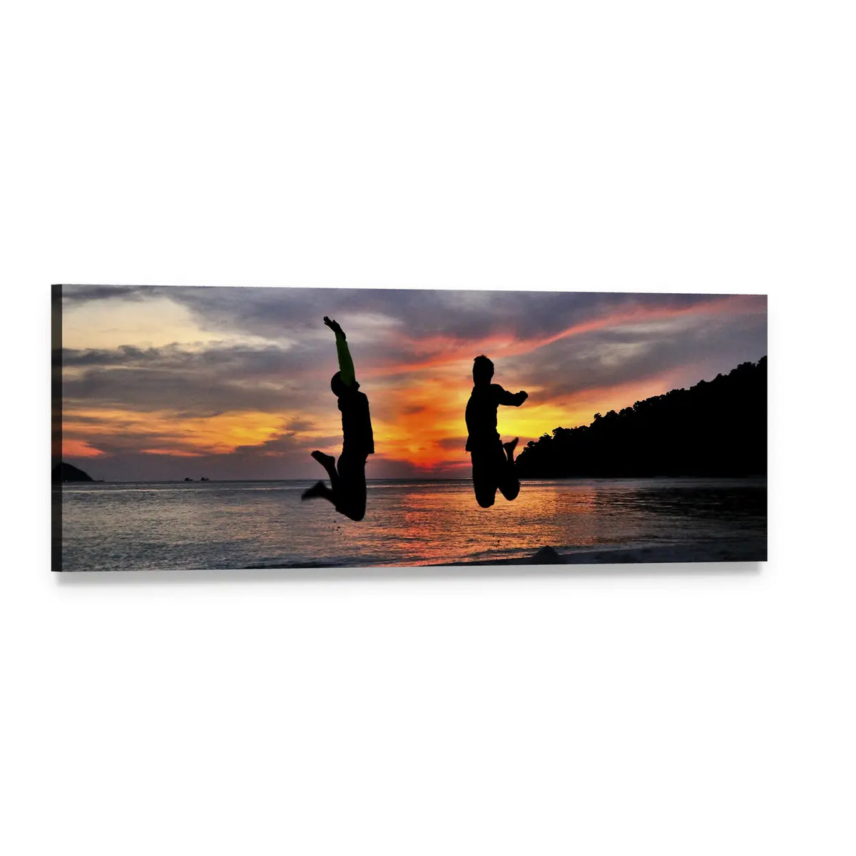 Friends Jumping at Sunset Panoramic Canvas Wall Art, single panel gallery wrapped canvas, angled product view