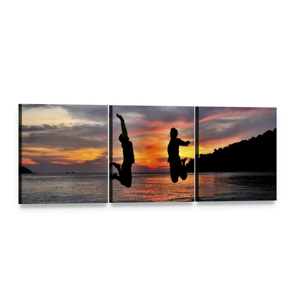 Friends Jumping at Sunset Panoramic Canvas Wall Art, 3 panel 3 Piece layout gallery wrapped canvas set, angled product view