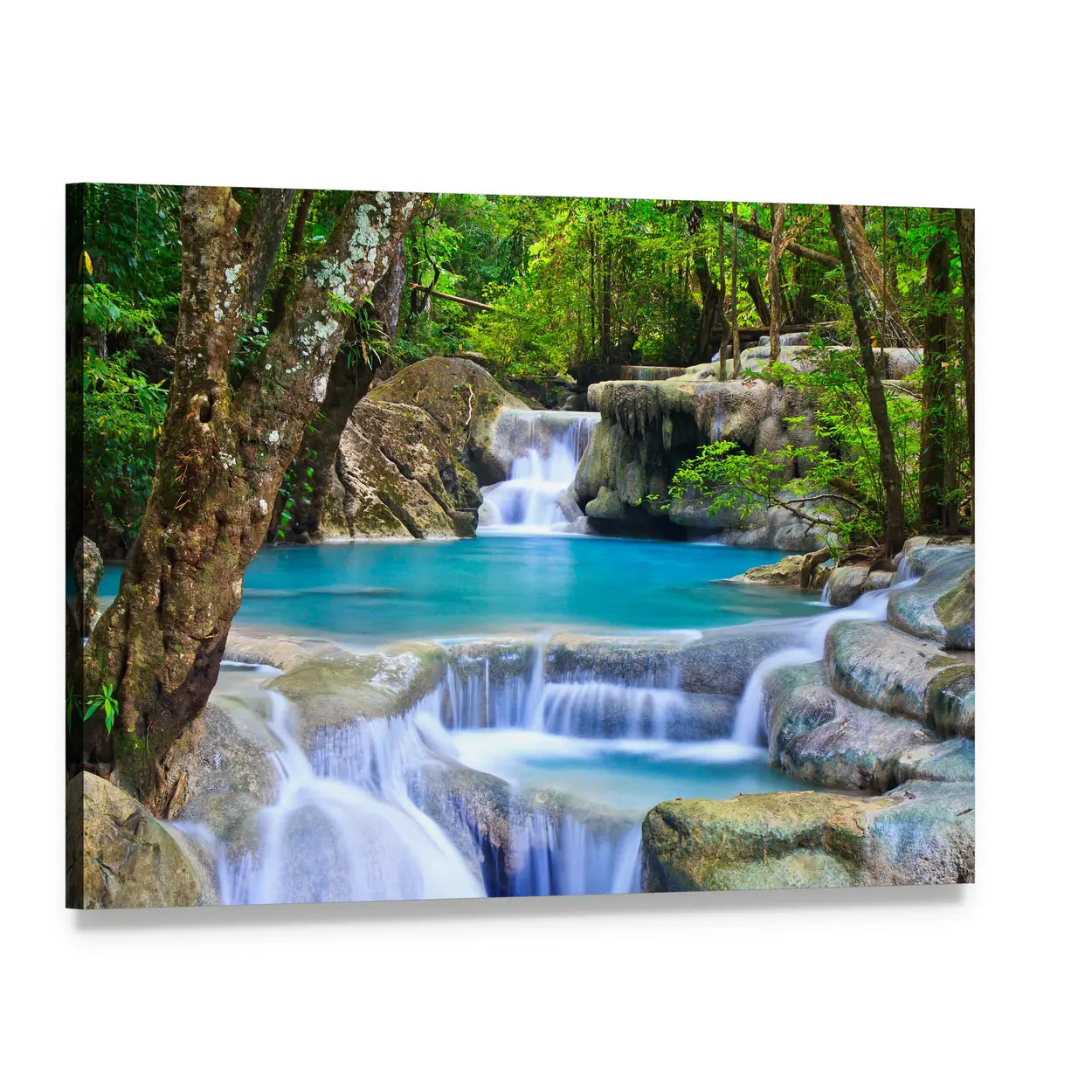 Erawan Waterfall in Kanchanaburi Canvas Wall Art, single panel gallery wrapped canvas, angled product view