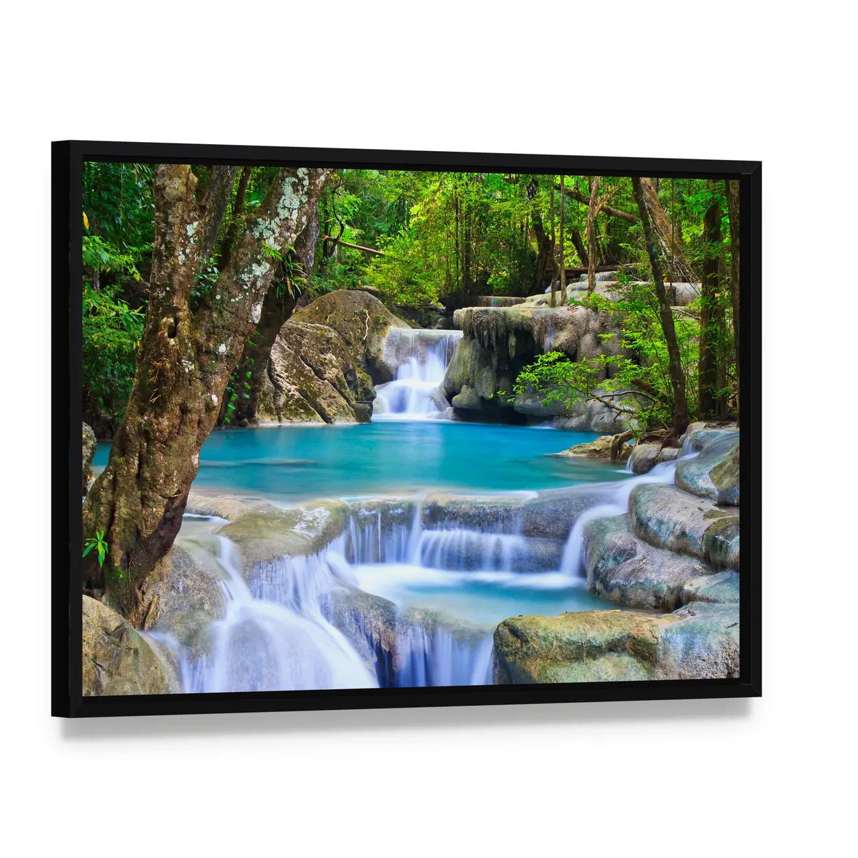 Erawan Waterfall in Kanchanaburi Canvas Wall Art, framed canvas in a black floater frame, angled product view